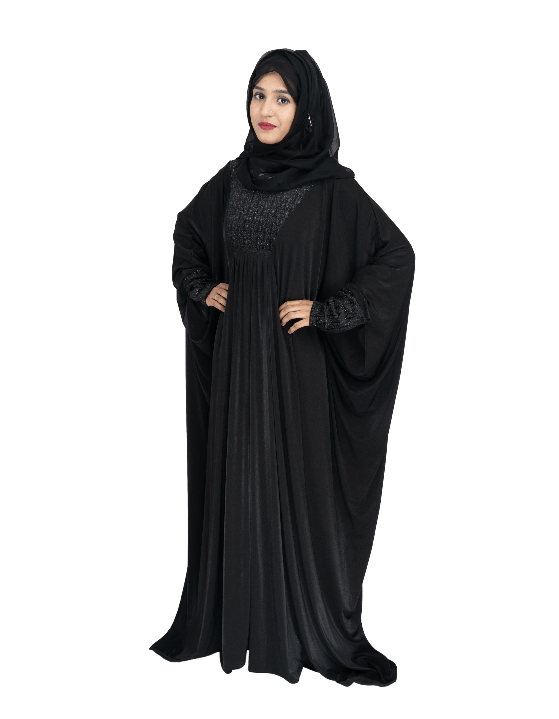 Beautiful Self Design Black Lycra Kaftan Abaya With Hijab_0541