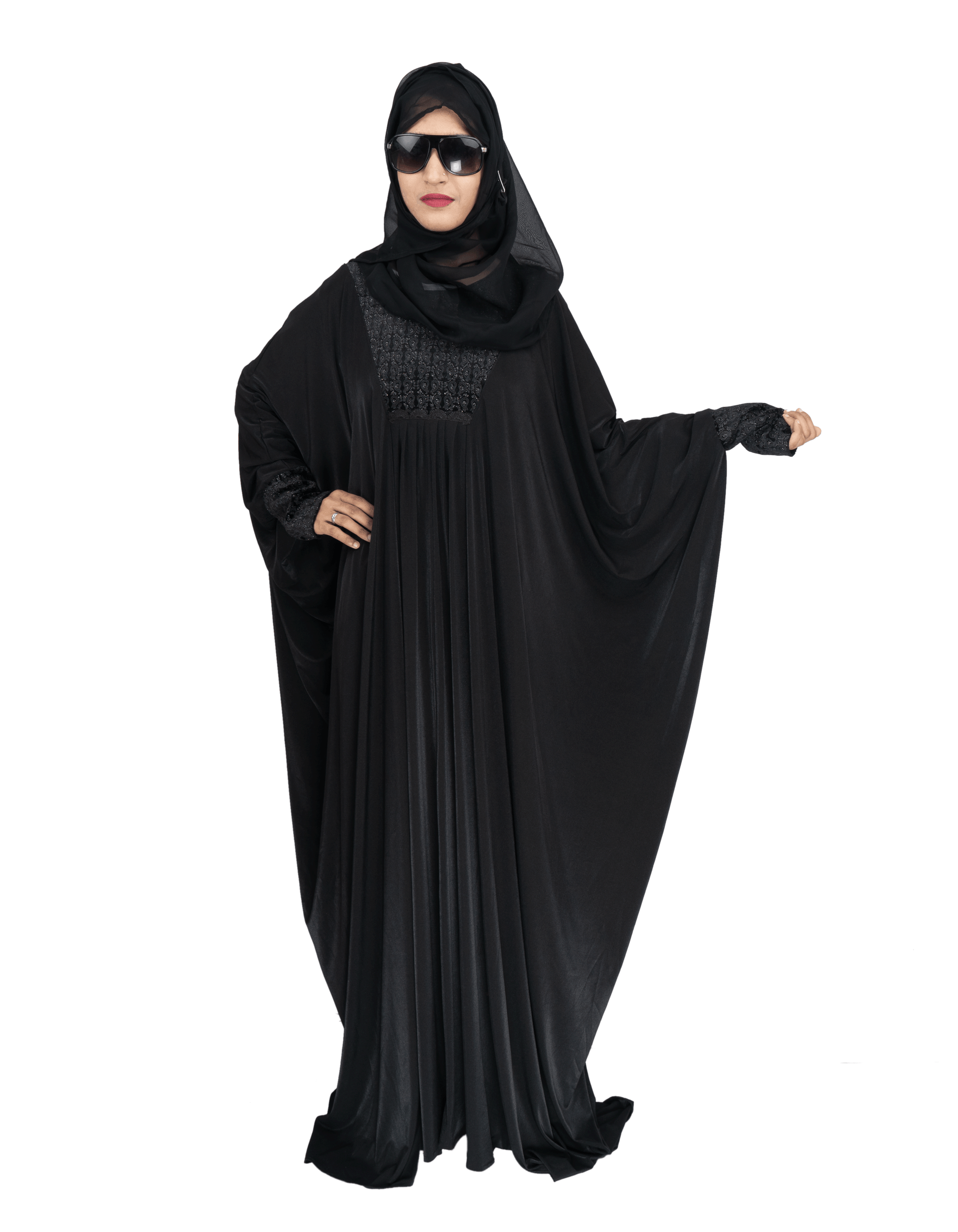 Beautiful Self Design Black Lycra Kaftan Abaya With Hijab_0541