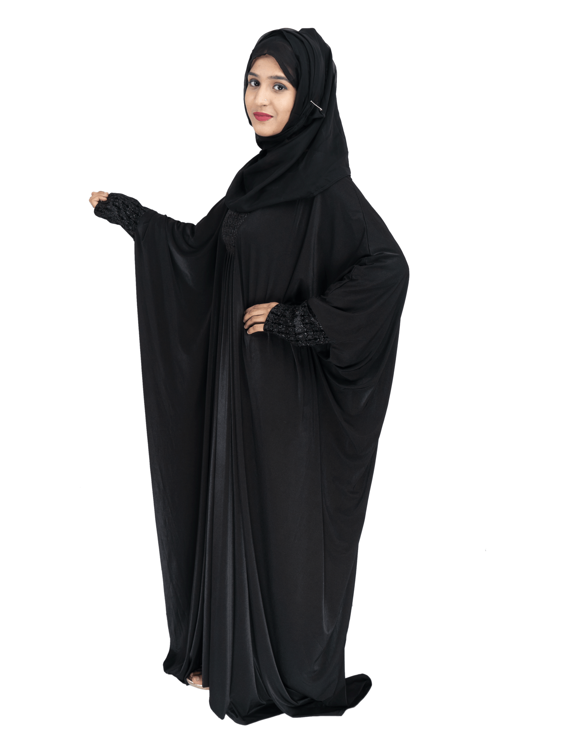 Beautiful Self Design Black Lycra Kaftan Abaya With Hijab_0541