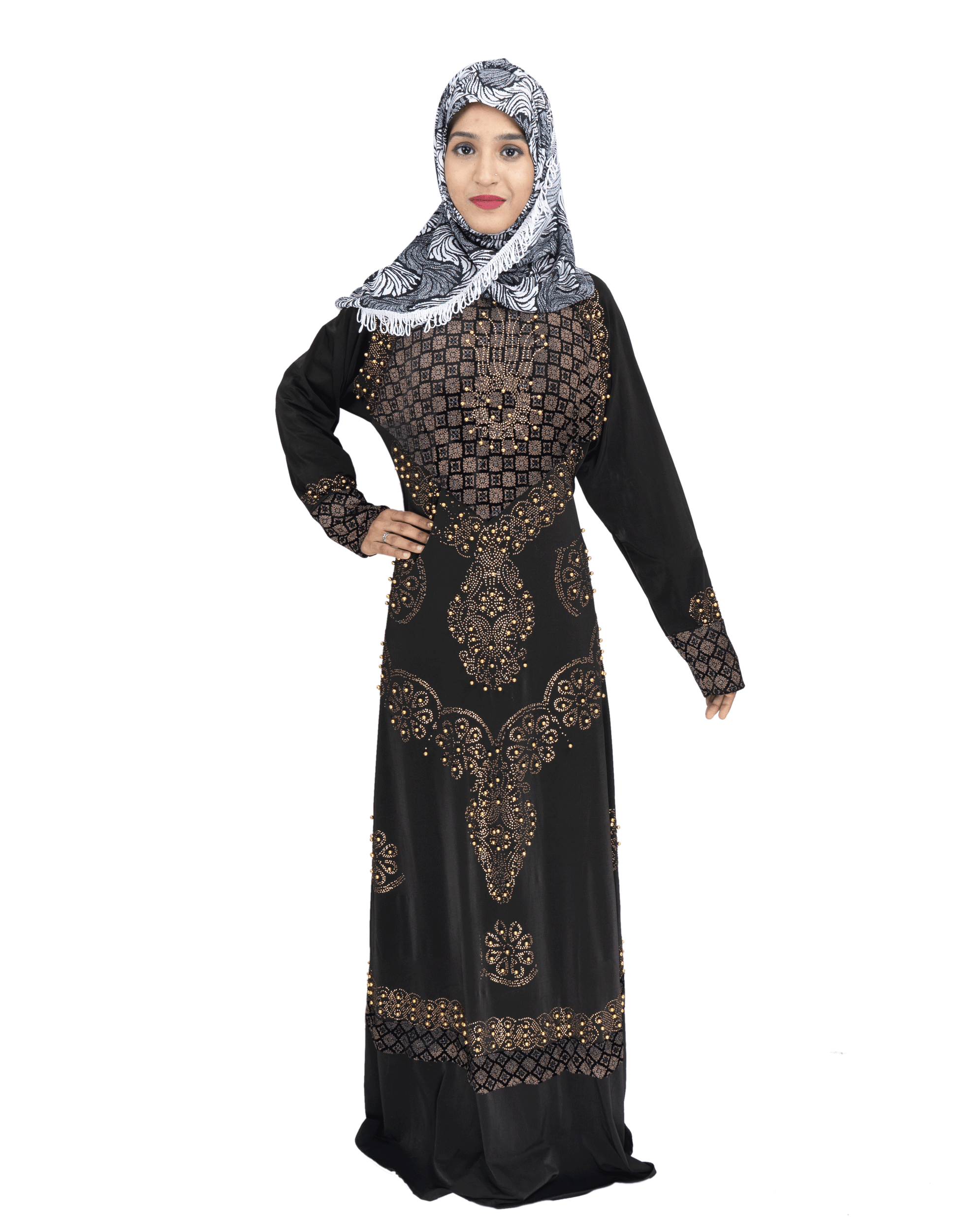 Beautiful Self Design Black Gold Lycra Abaya With Hijab_0542