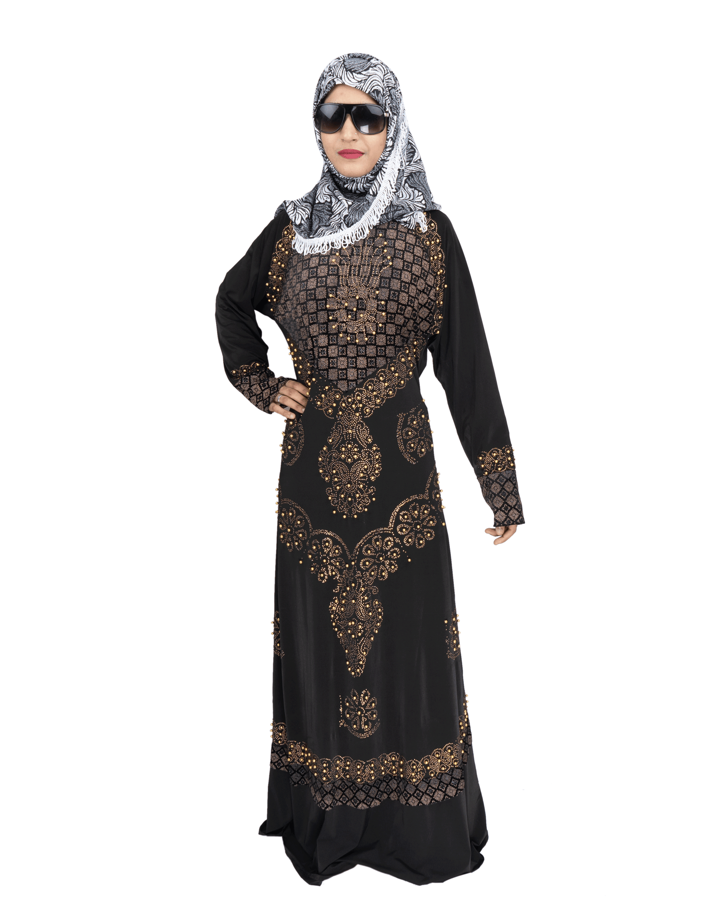 Products Beautiful Self Design Black Gold Lycra Abaya With Hijab