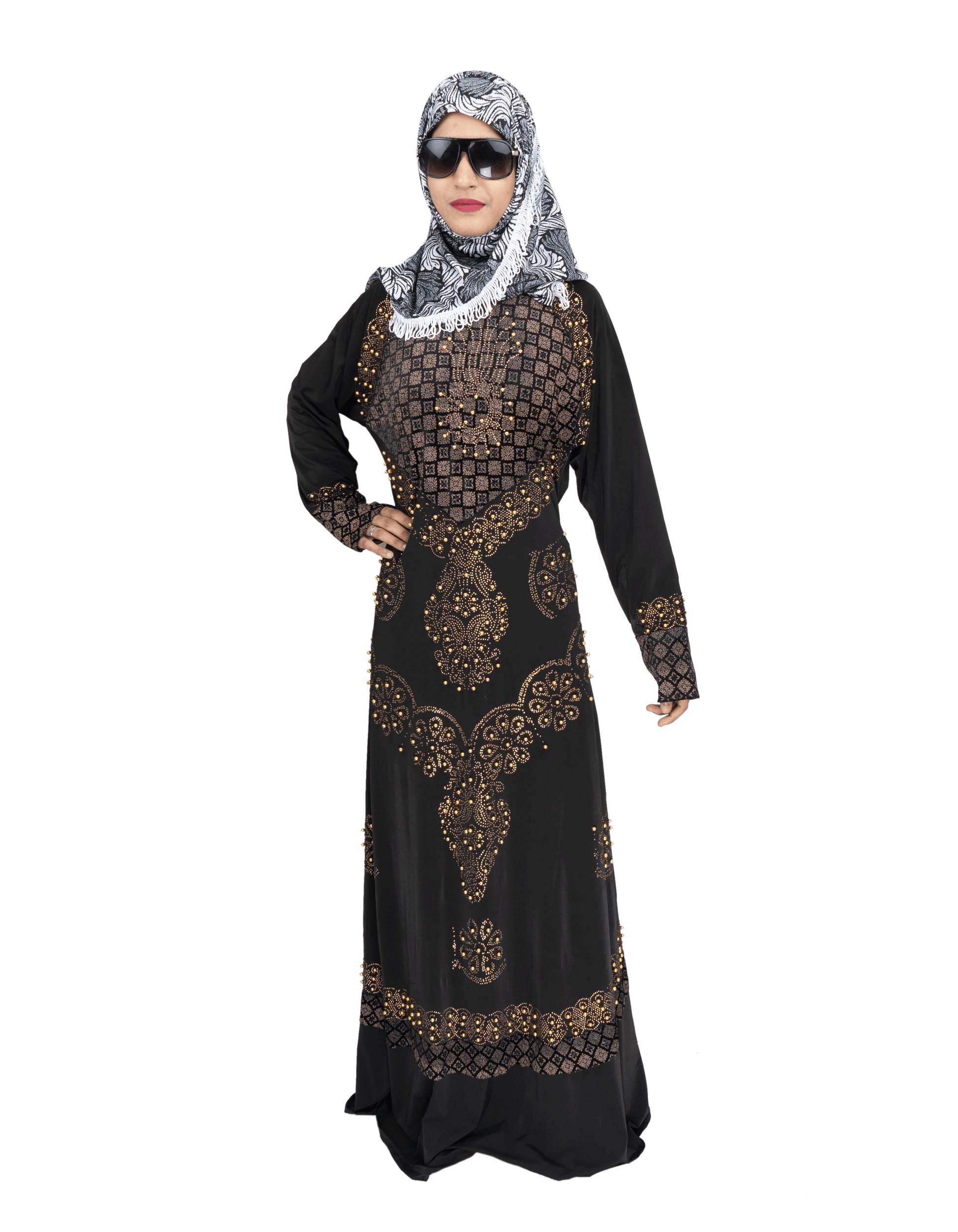 Beautiful Self Design Black Gold Lycra Abaya With Hijab_0542