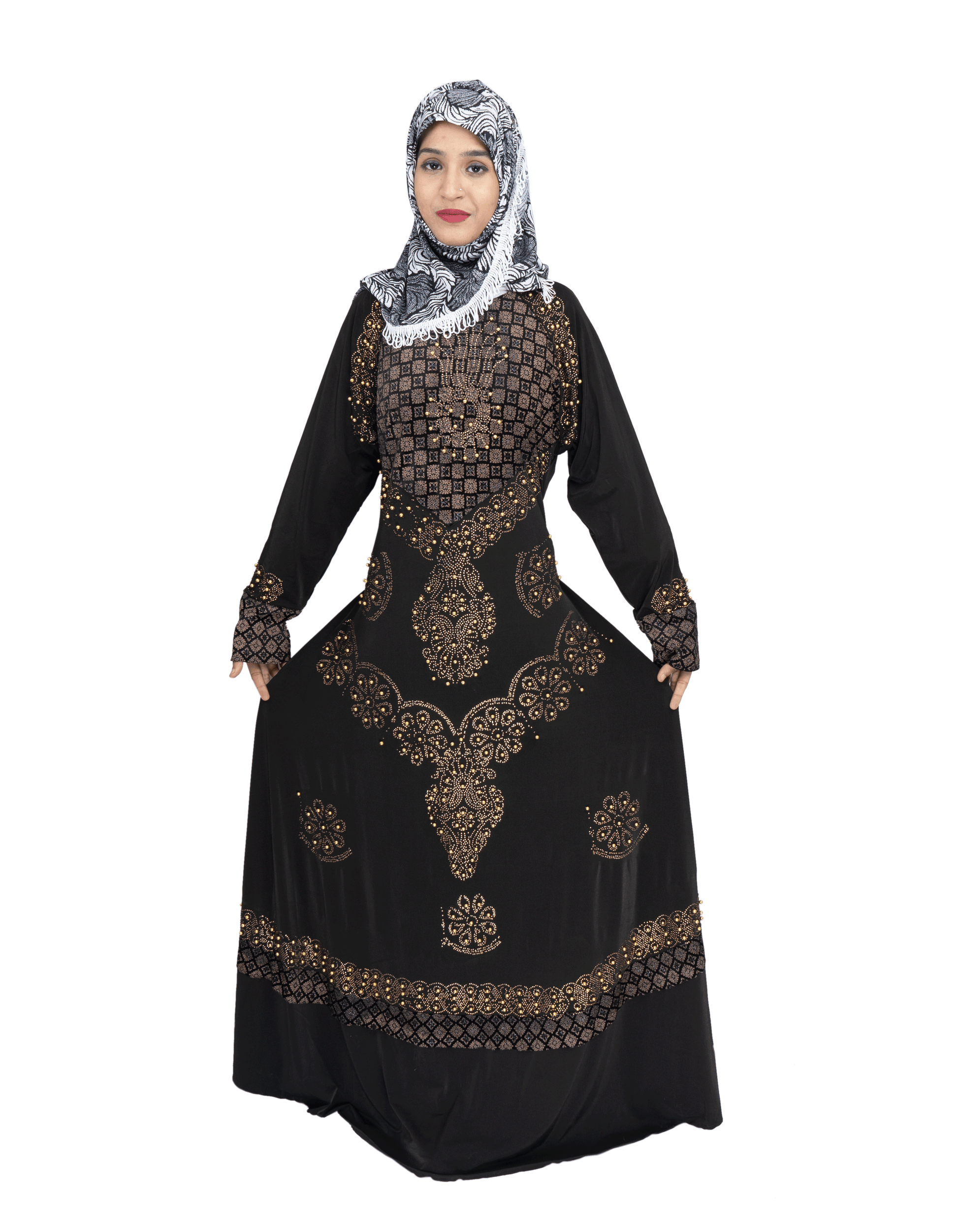 Beautiful Self Design Black Gold Lycra Abaya With Hijab_0542