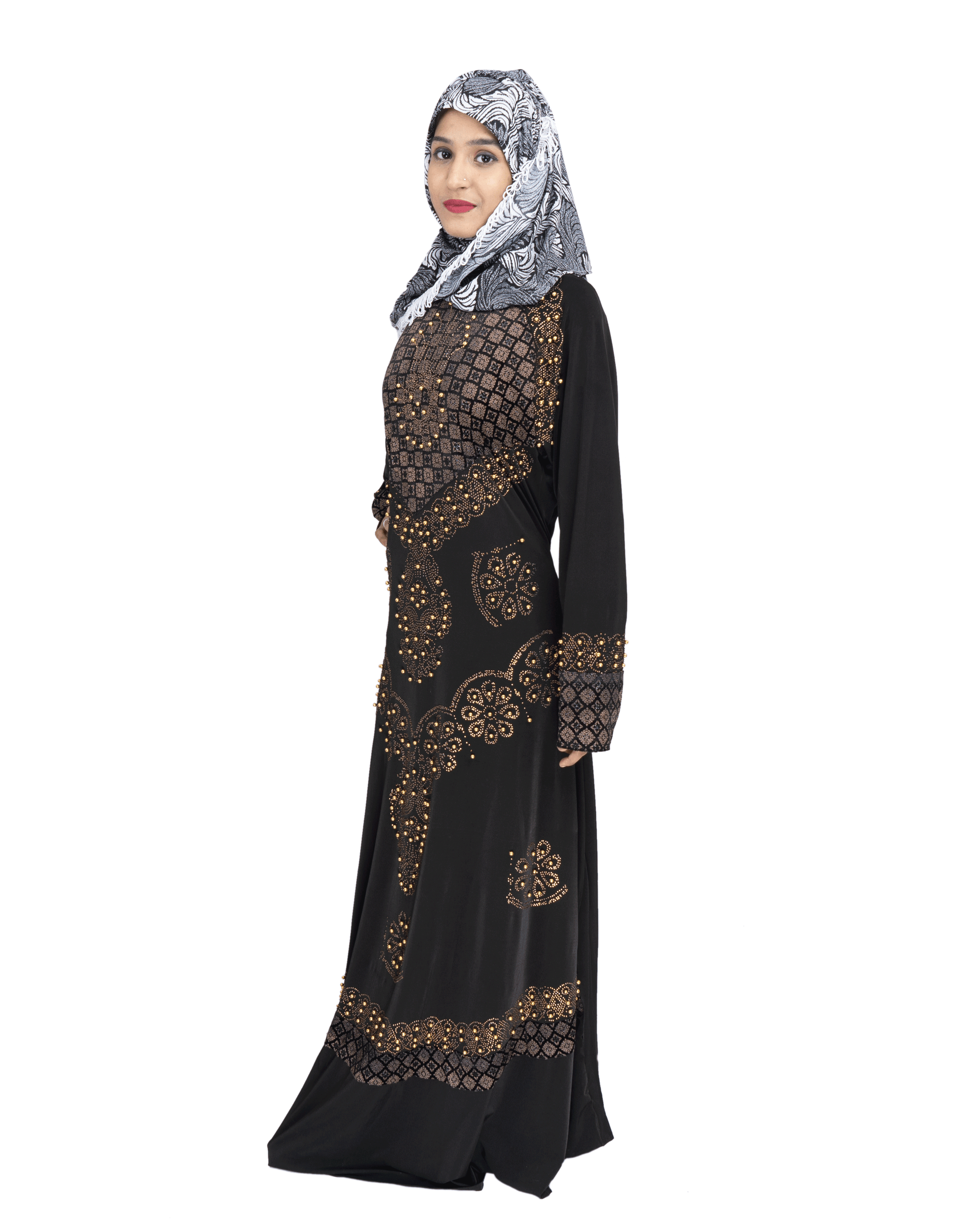 Beautiful Self Design Black Gold Lycra Abaya With Hijab_0542