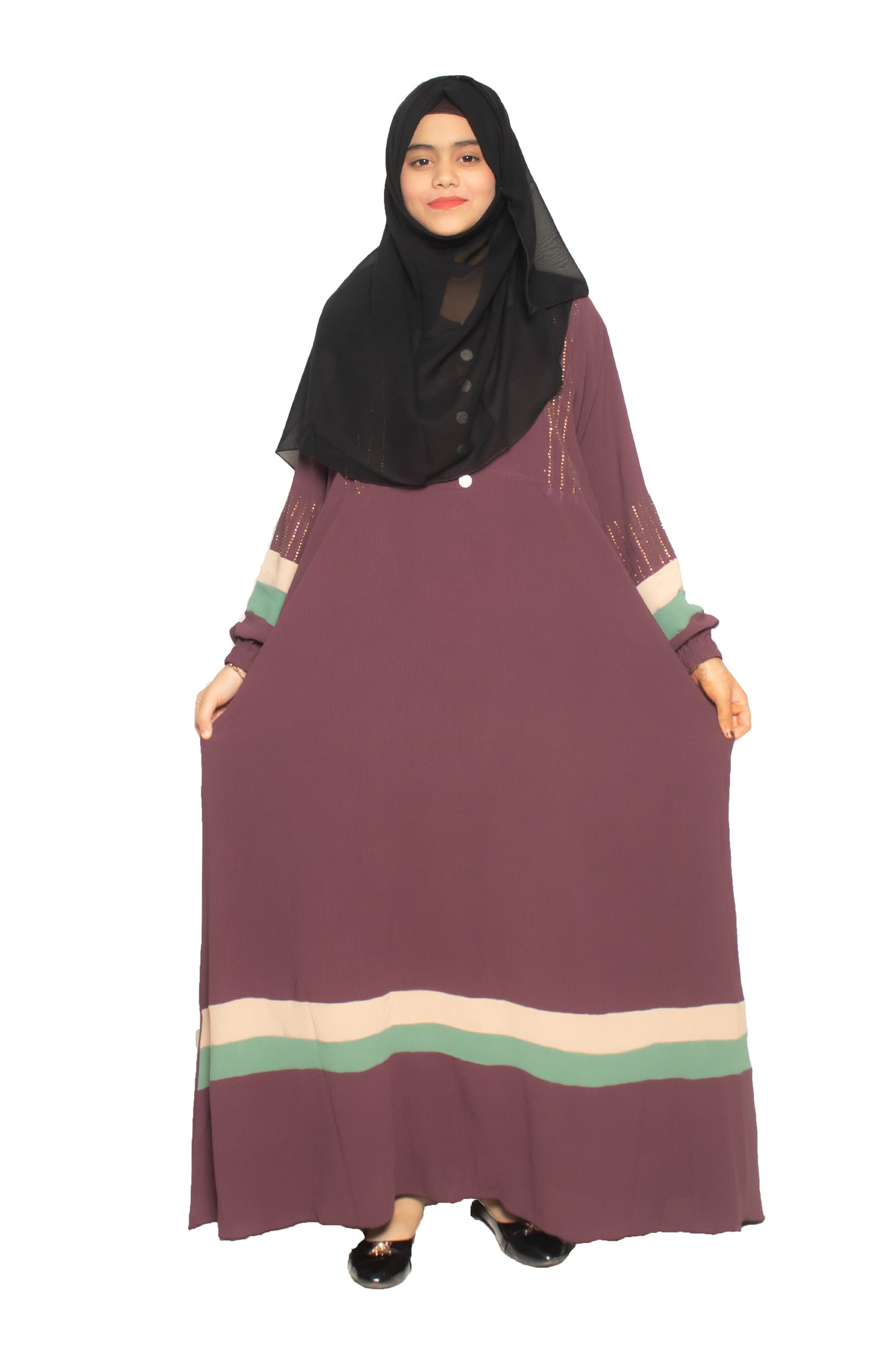 Modest City Self Design Purple Front Button With Contrast Stripes Abaya or Burqa With Hijab for Women & Girls-Series Laiba