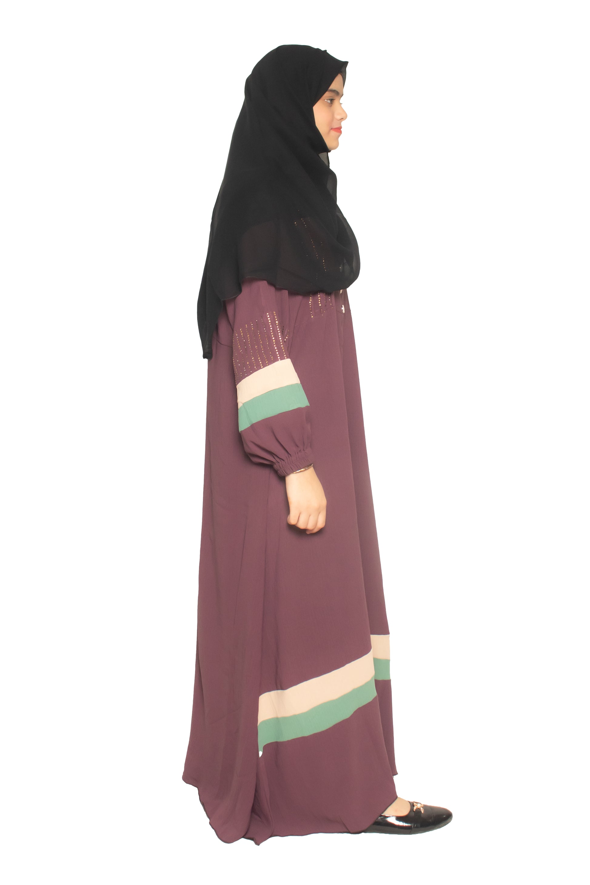 Modest City Self Design Purple Front Button With Contrast Stripes Abaya or Burqa With Hijab for Women & Girls-Series Laiba