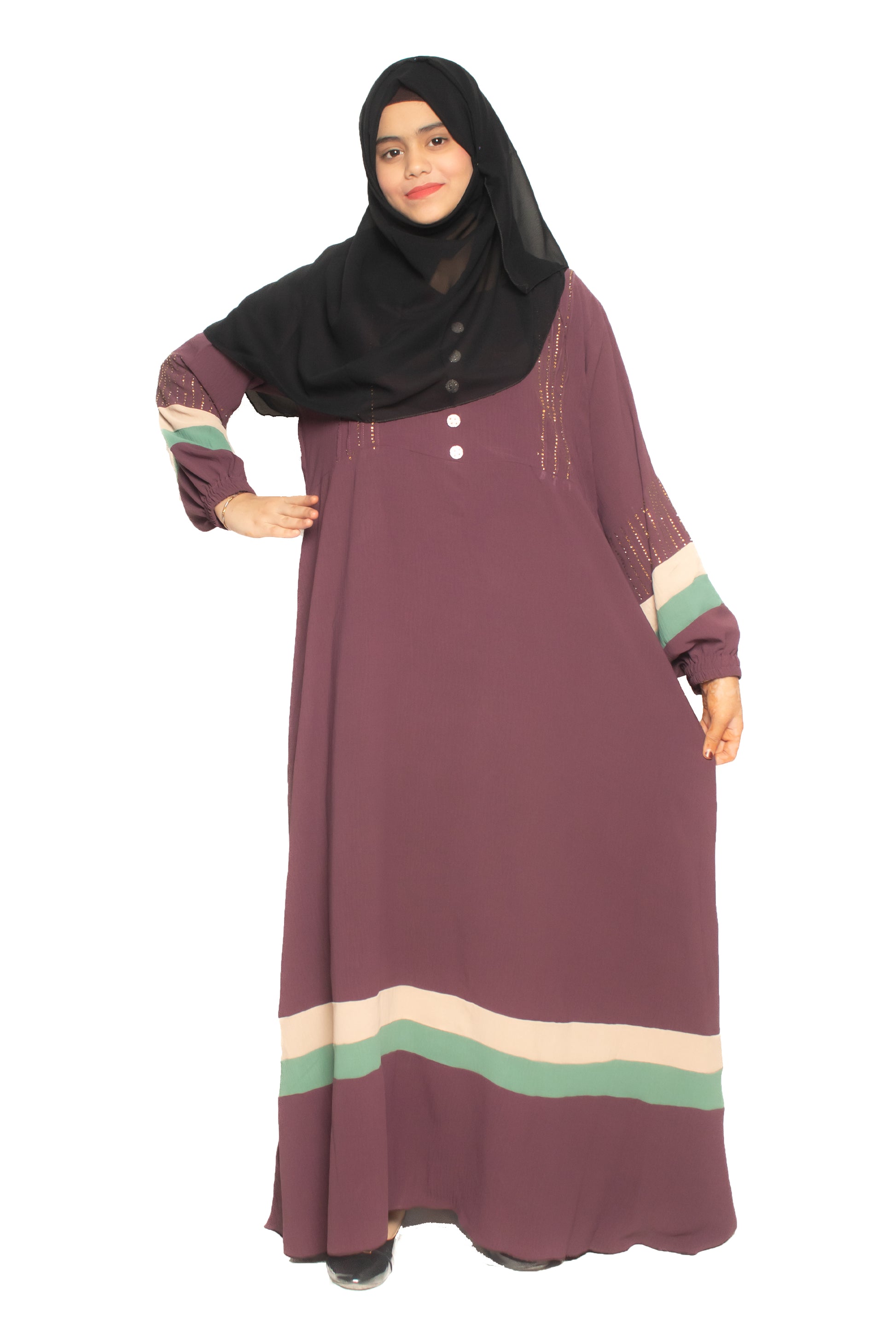 Modest City Self Design Purple Front Button With Contrast Stripes Abaya or Burqa With Hijab for Women & Girls-Series Laiba
