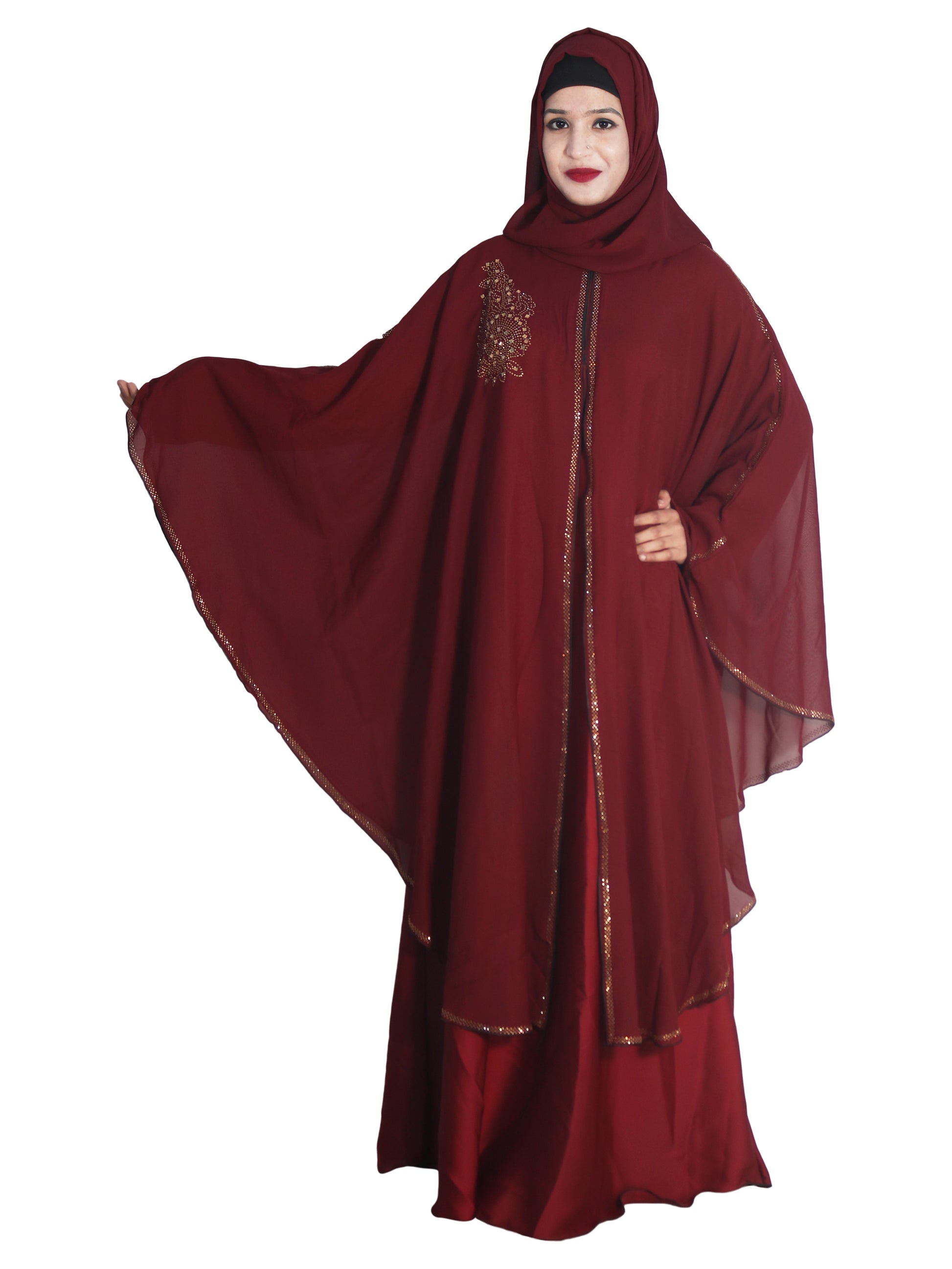 Beautiful Self Design Maroon Broach Farasha Art Silk Abaya With Hijab_0655