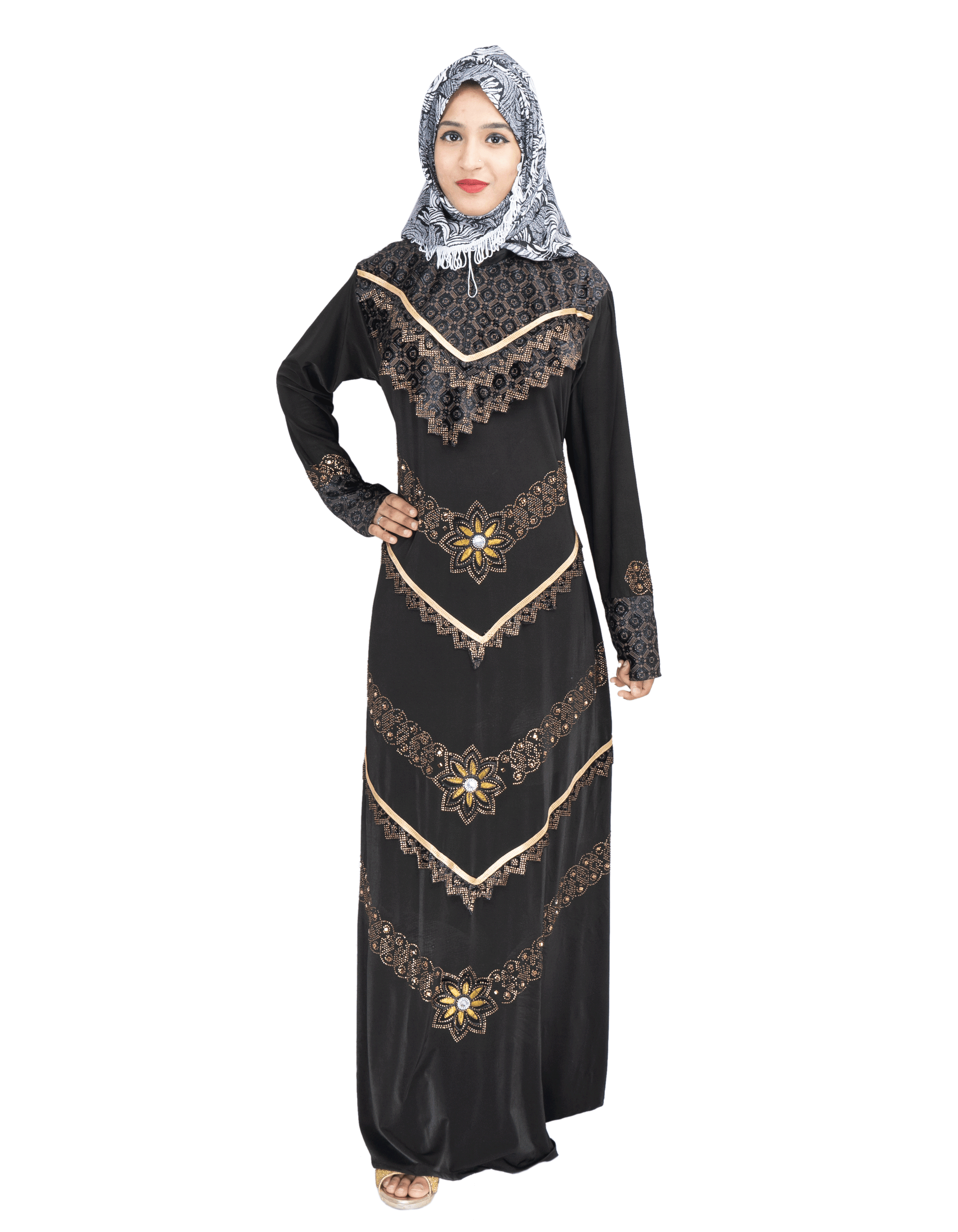 Beautiful Self Design Black 3Fool Lycra Abaya With Hijab_0561