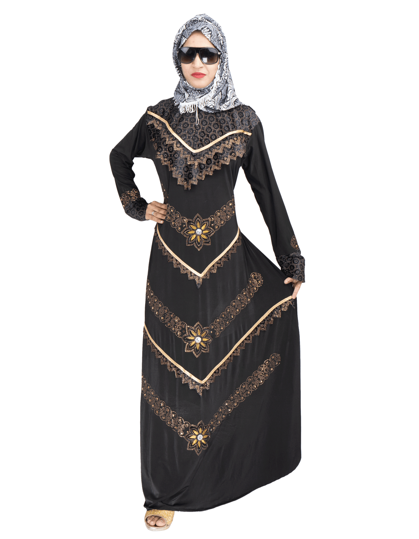 Products Beautiful Self Design Black 3Fool Lycra Abaya With Hijab