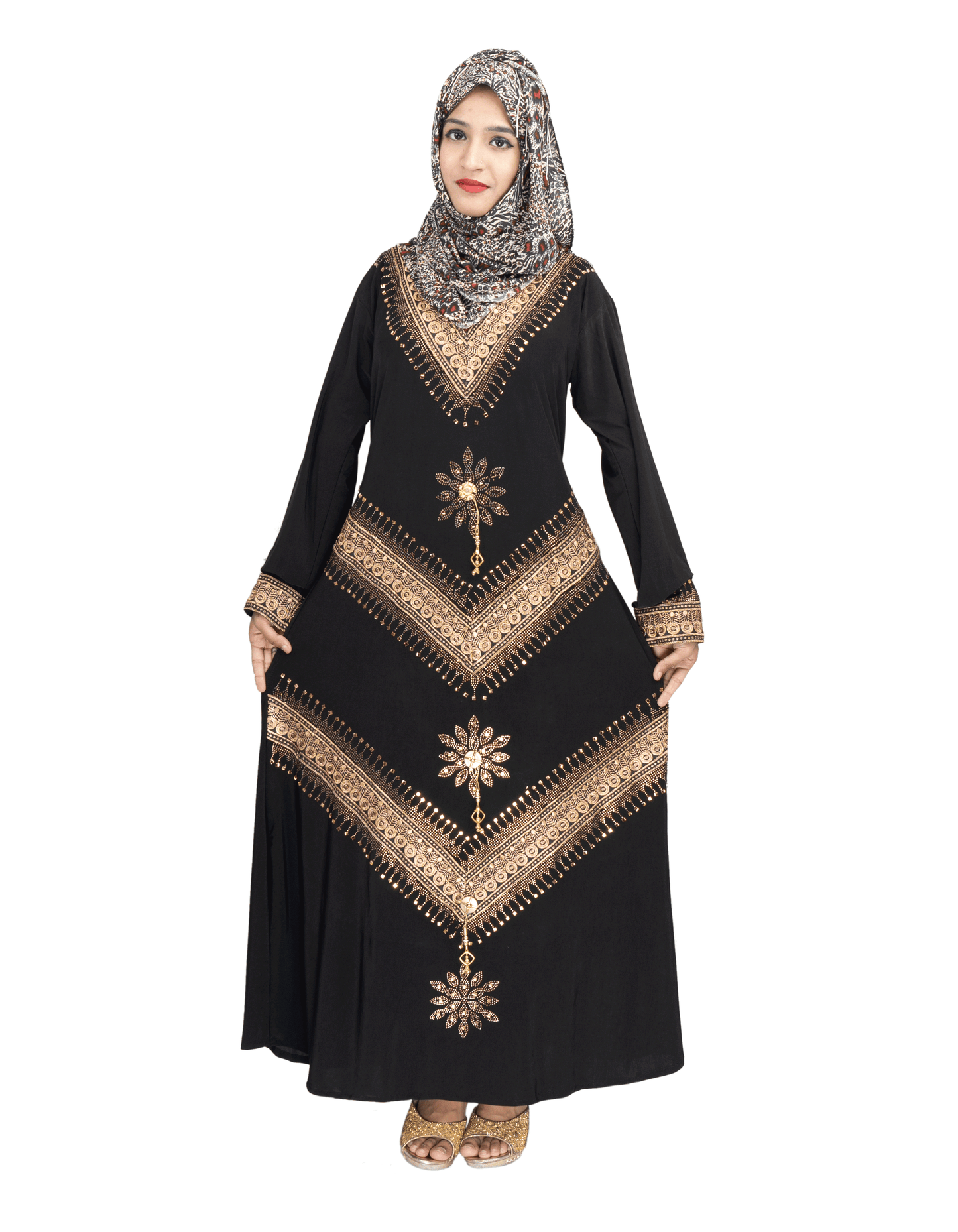Beautiful Self Design Black Lycra Abaya With Hijab