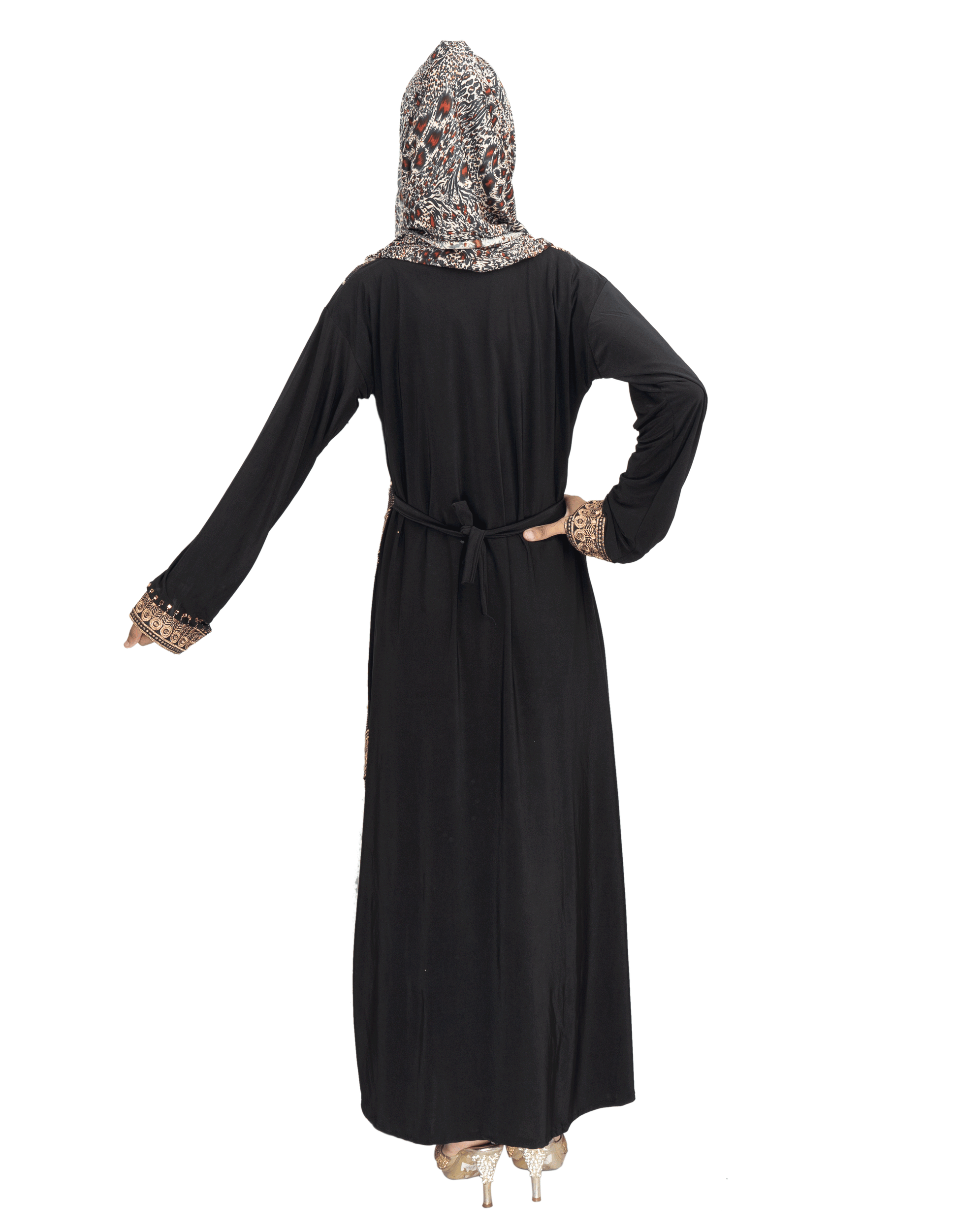 Beautiful Self Design Black Lycra Abaya With Hijab_0563