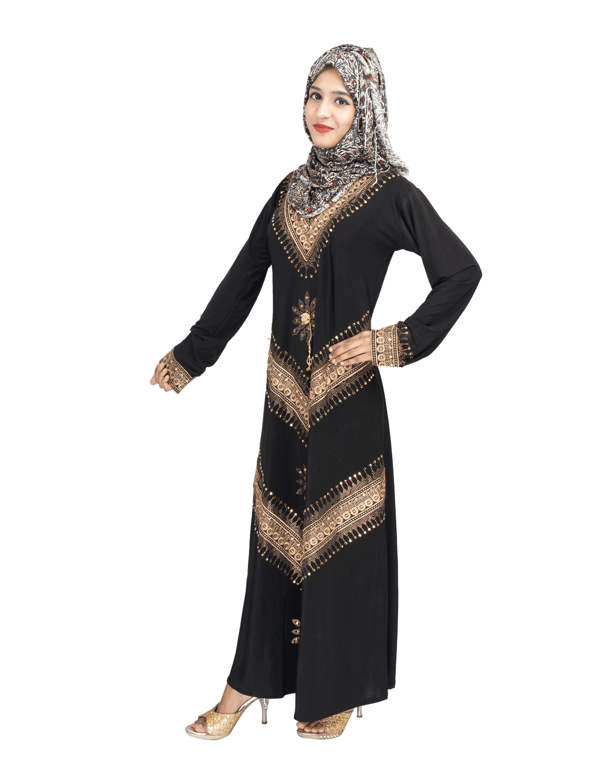 Beautiful Self Design Black Lycra Abaya With Hijab_0563
