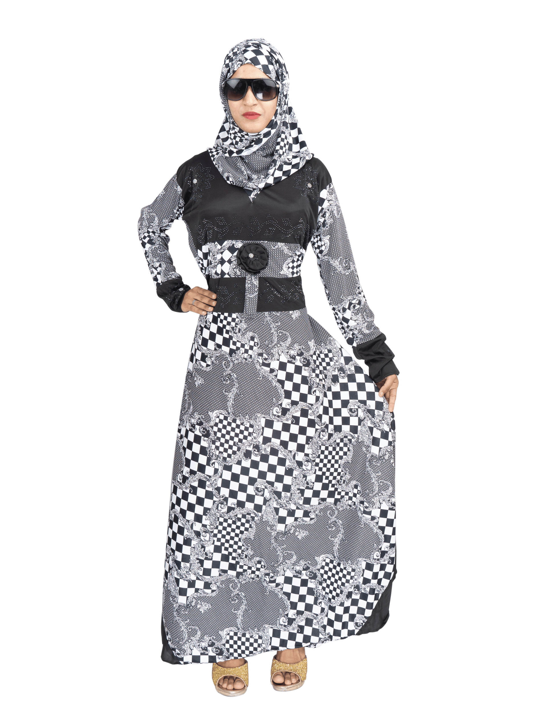 Beautiful Self Design Black & White Lycra Abaya With Hijab_0564