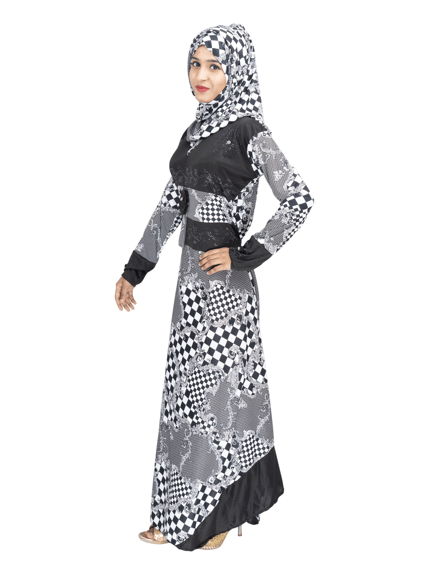 Beautiful Self Design Black & White Lycra Abaya With Hijab