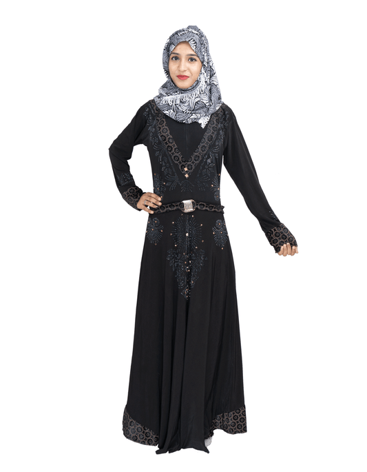 Beautiful Self Design Black Lycra Belt Abaya With Hijab