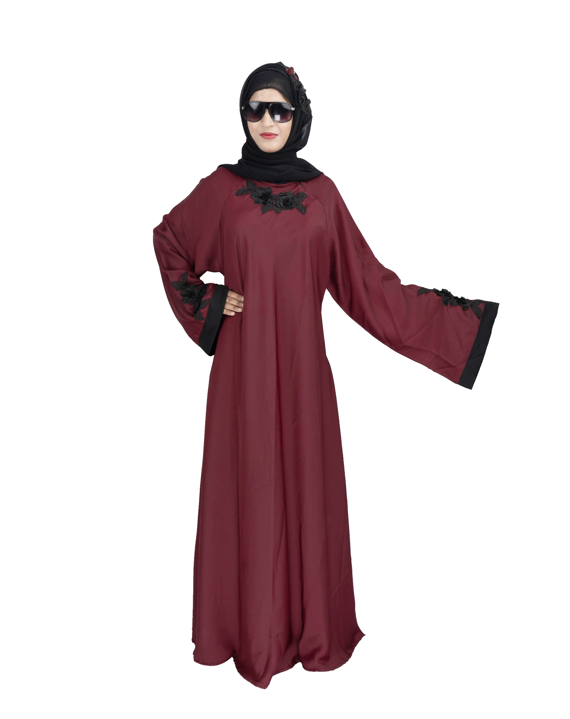 Beautiful Self Design Maroon Patch Art Silk Abaya With Hijab_0567