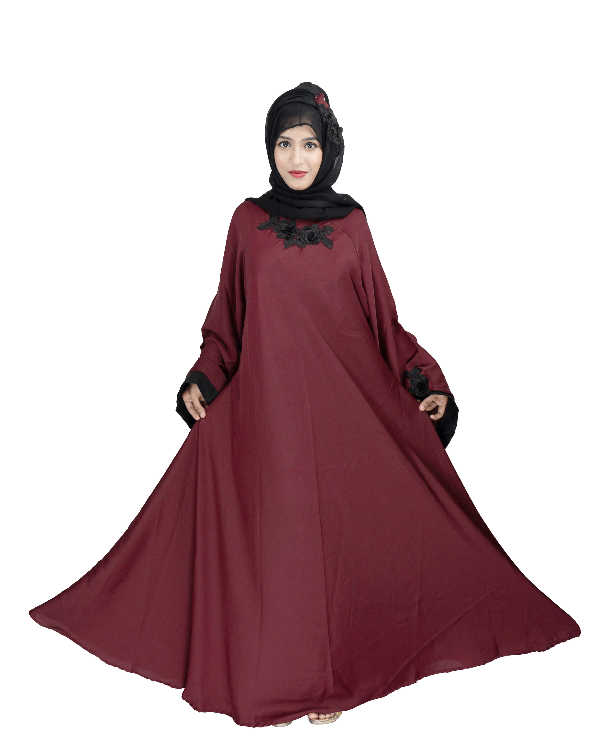 Beautiful Self Design Maroon Patch Art Silk Abaya With Hijab_0567