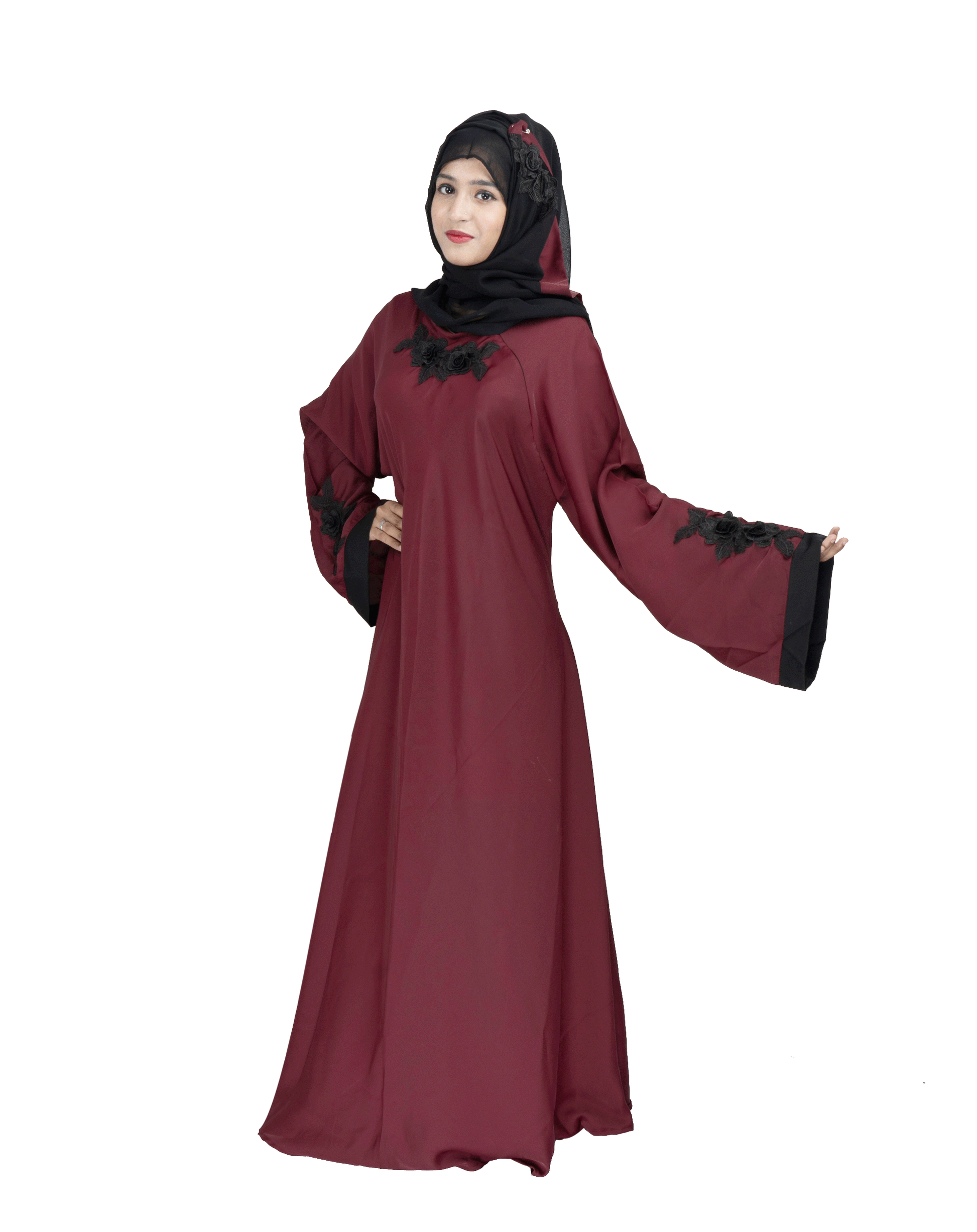 Beautiful Self Design Maroon Patch Art Silk Abaya With Hijab_0567