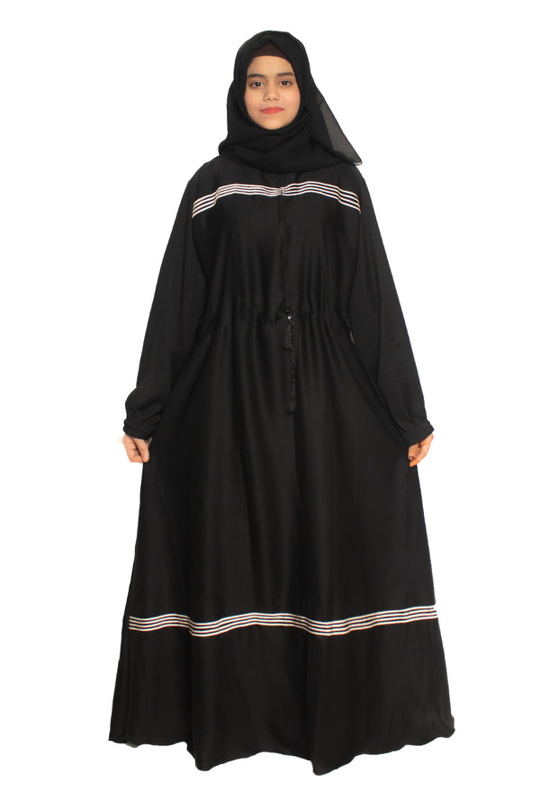 Modest City Self Design Black Parallel White Stripes Abaya or Burqa With Hijab for Women & Girls-Series Laiba