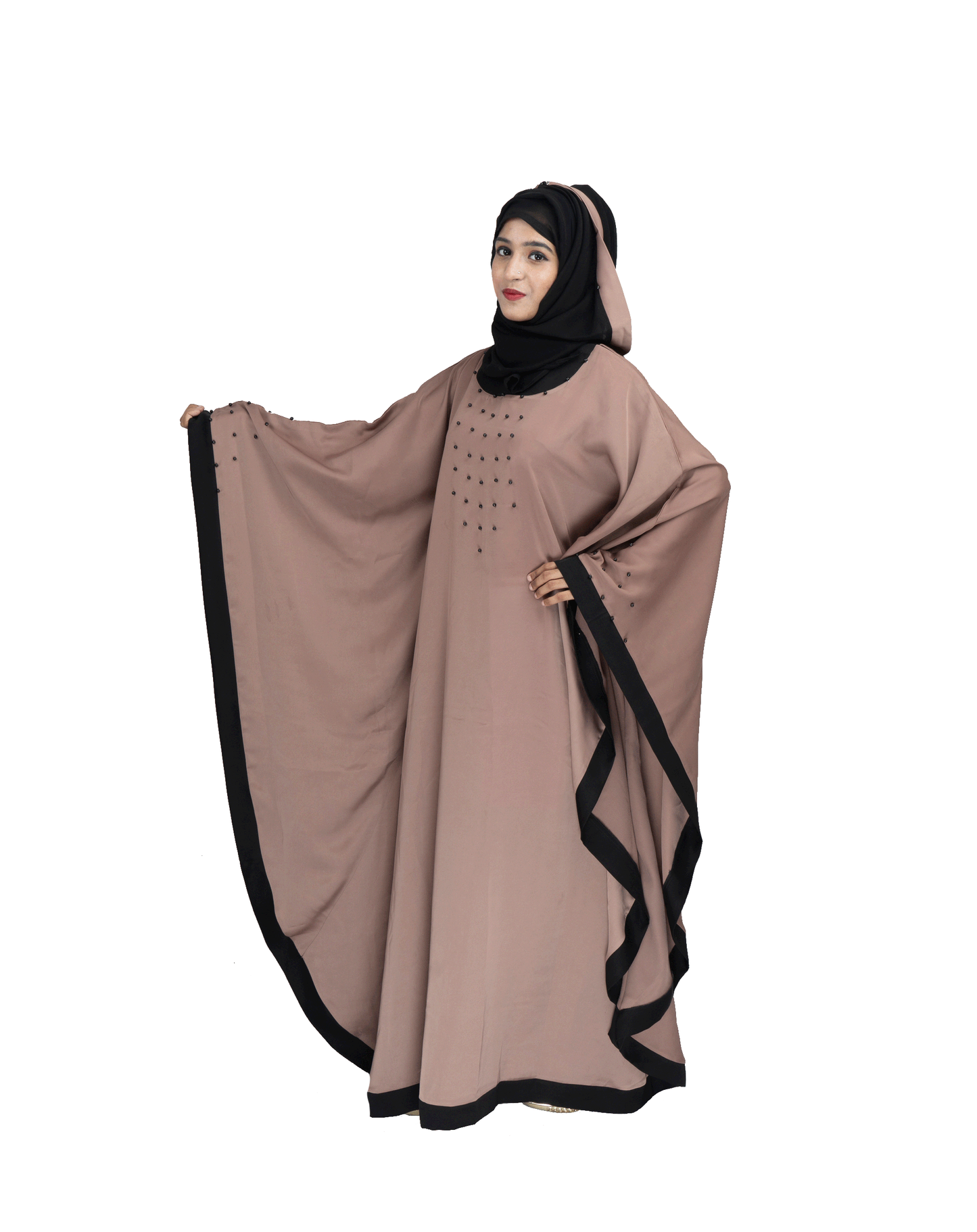 Beautiful Self Design Beige Gala Moti Kaftan Art Silk Abaya With Hijab