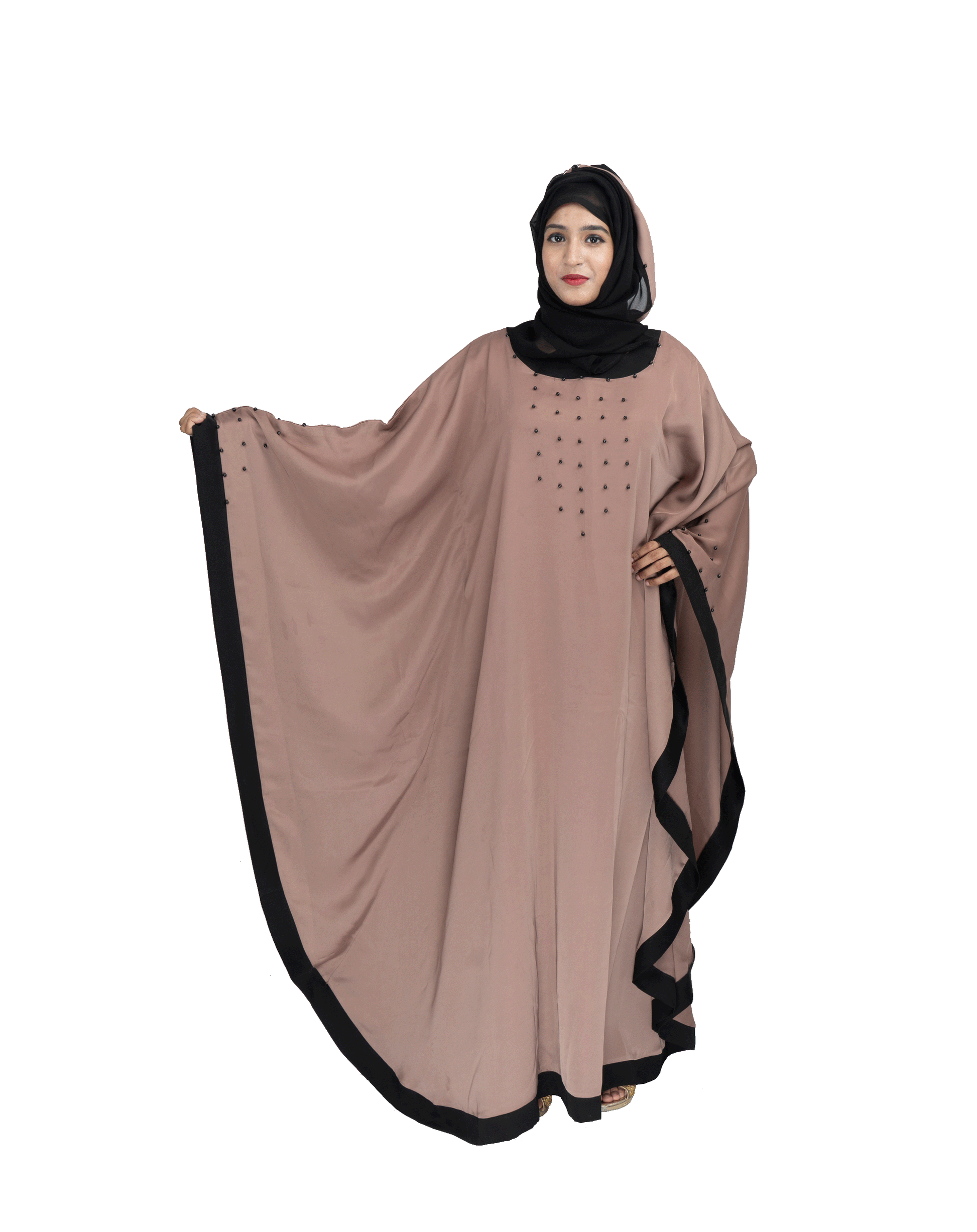 Beautiful Self Design Beige Gala Moti Kaftan Art Silk Abaya With Hijab_0570