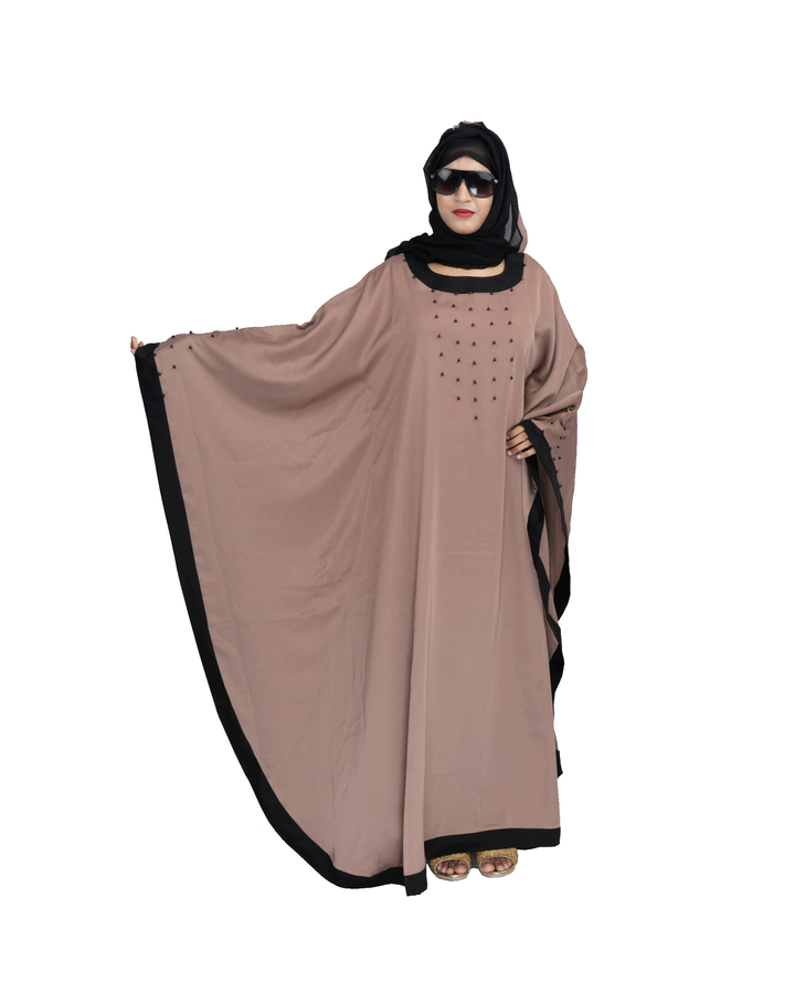 Beautiful Self Design Beige Gala Moti Kaftan Art Silk Abaya With Hijab