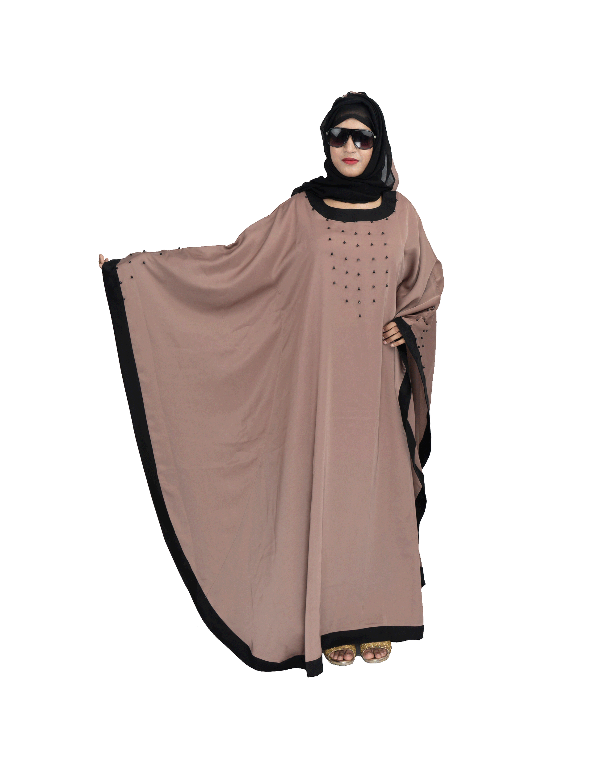 Beautiful Self Design Beige Gala Moti Kaftan Art Silk Abaya With Hijab_0570