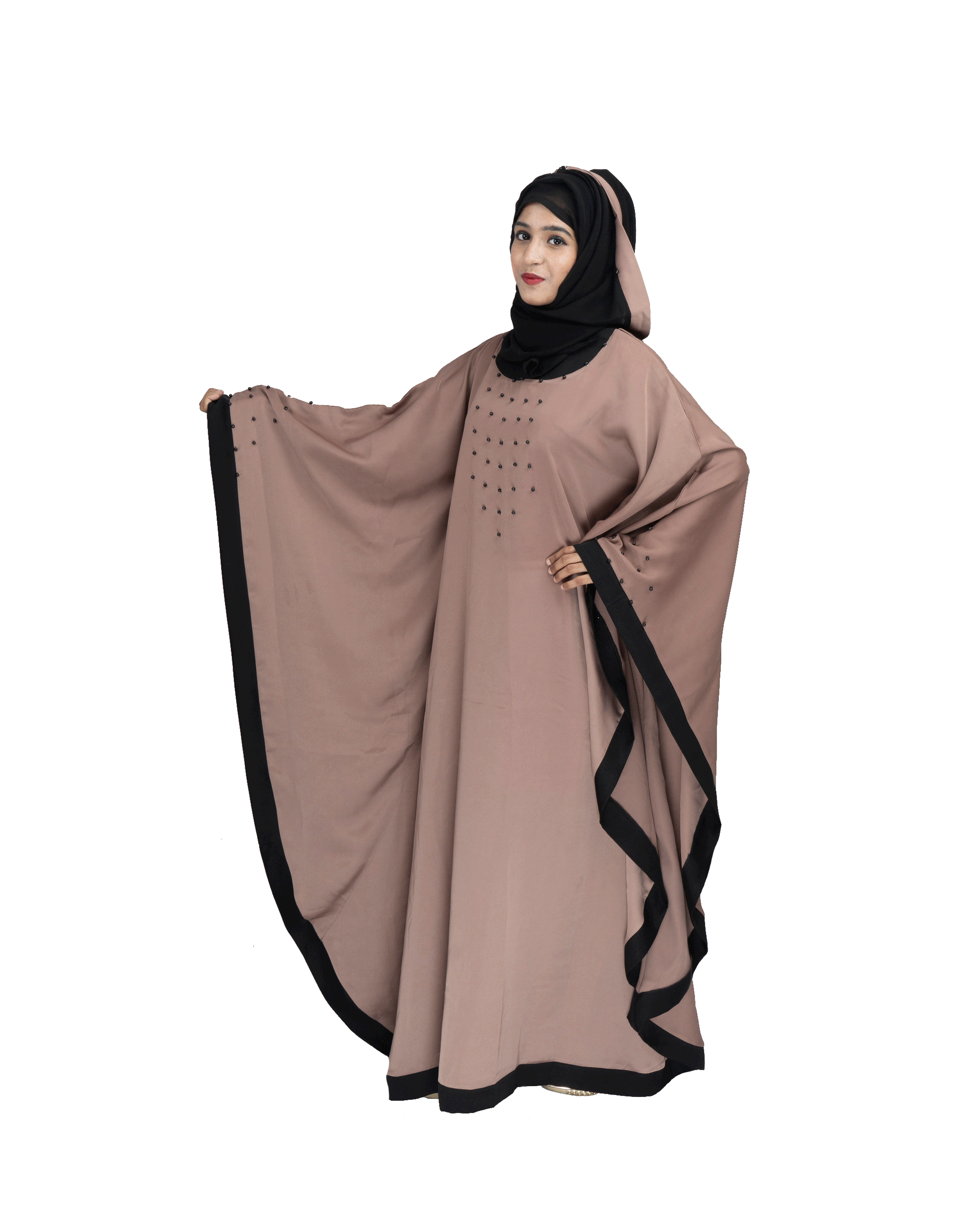 Beautiful Self Design Beige Gala Moti Kaftan Art Silk Abaya With Hijab_0570