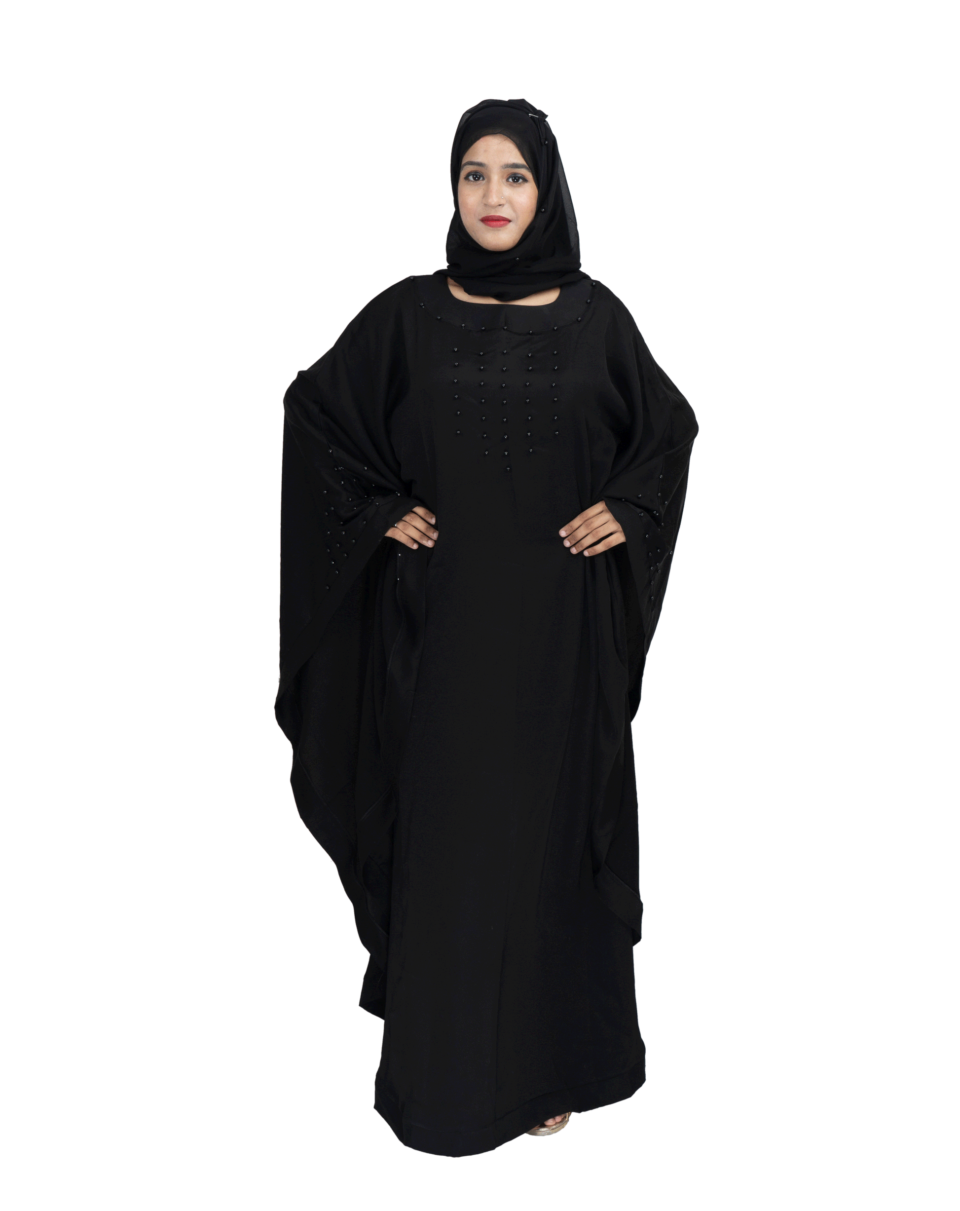 Beautiful Self Design Black Gala Moti Kaftan Art Silk Abaya With Hijab_0571