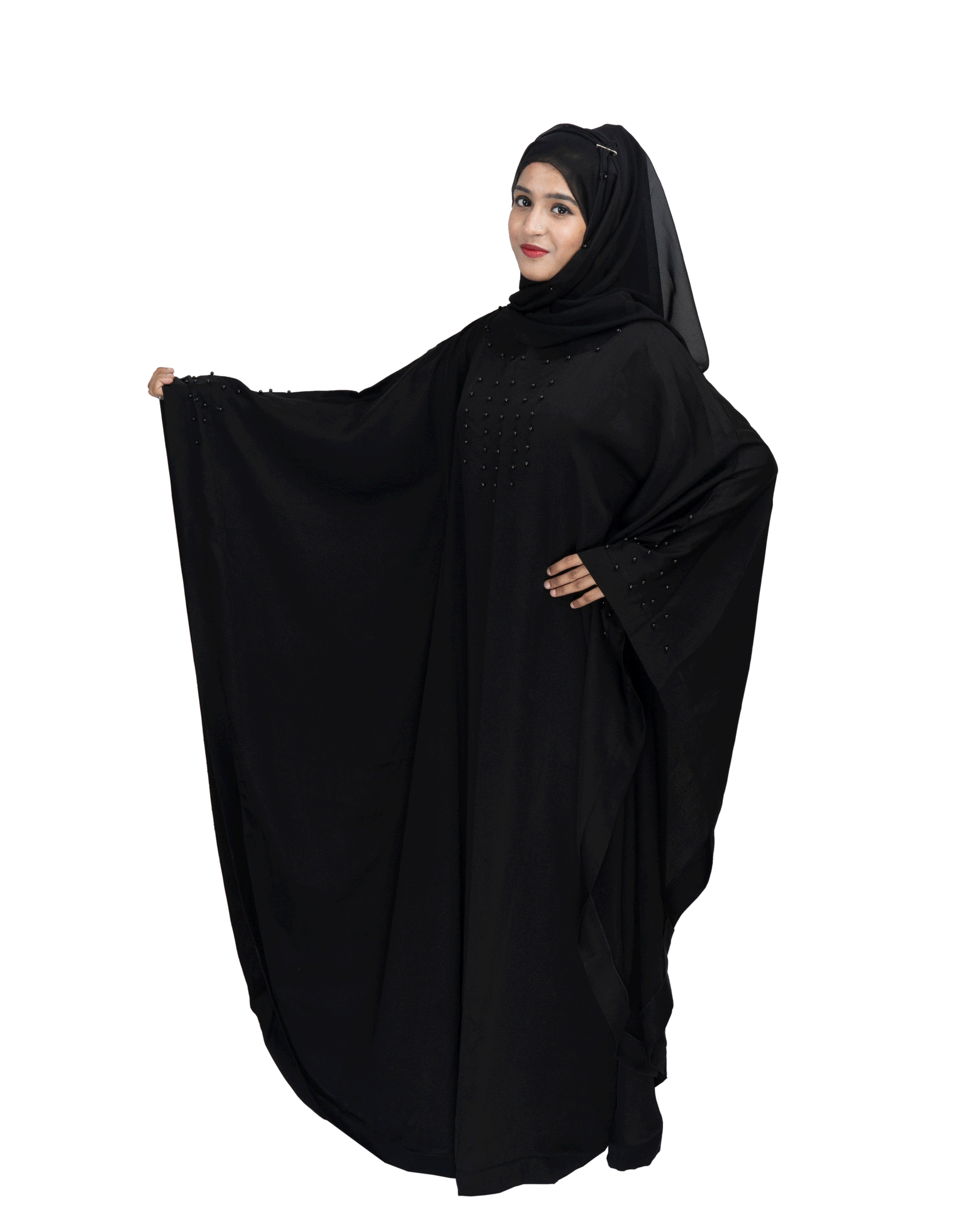Beautiful Self Design Black Gala Moti Kaftan Art Silk Abaya With Hijab_0571