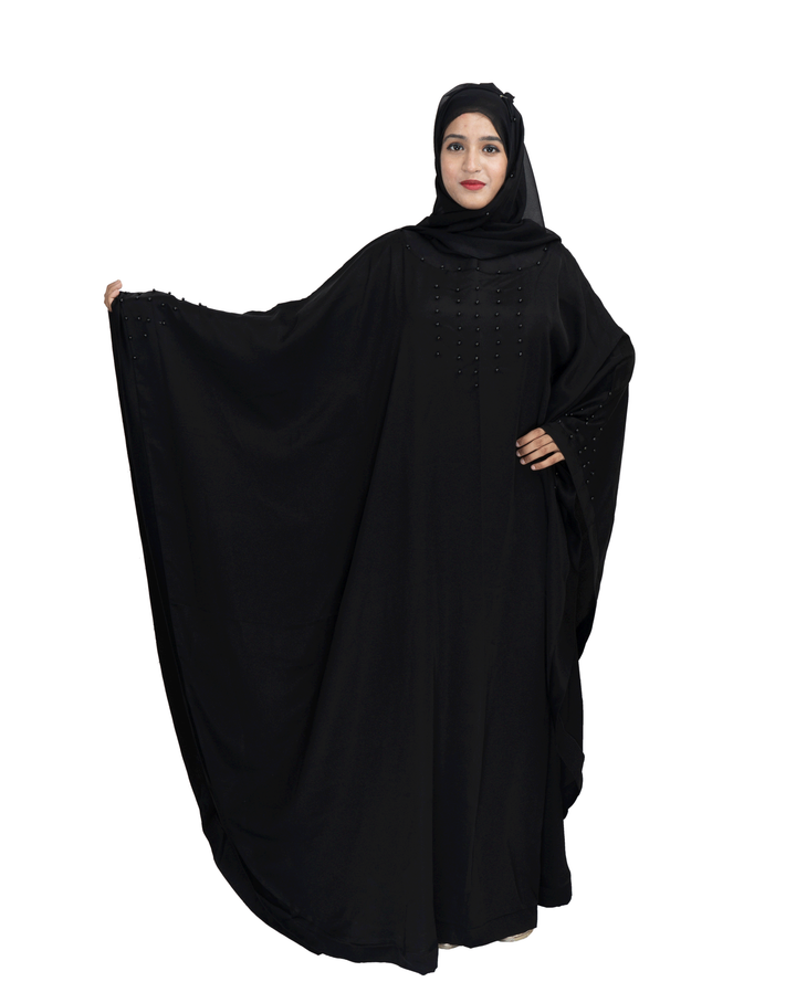 Beautiful Self Design Beige Gala Moti Kaftan Art Silk Abaya With Hijab