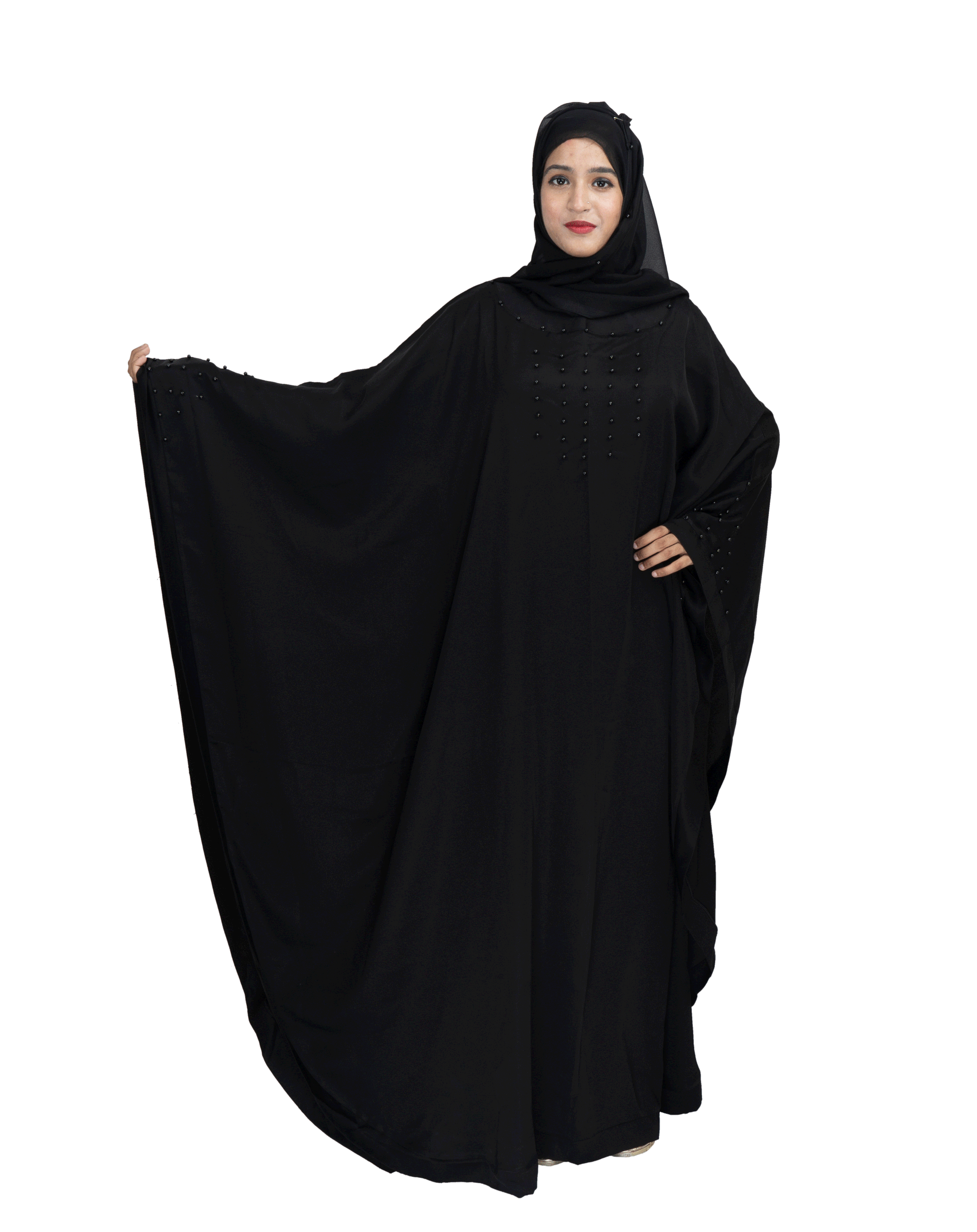 Beautiful Self Design Black Gala Moti Kaftan Art Silk Abaya With Hijab_0571