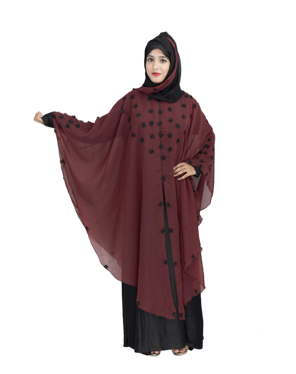 Products Beautiful Self Design Maroon Farasha Art Silk Abaya With Hijab