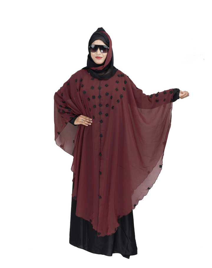 Products Beautiful Self Design Maroon Farasha Art Silk Abaya With Hijab