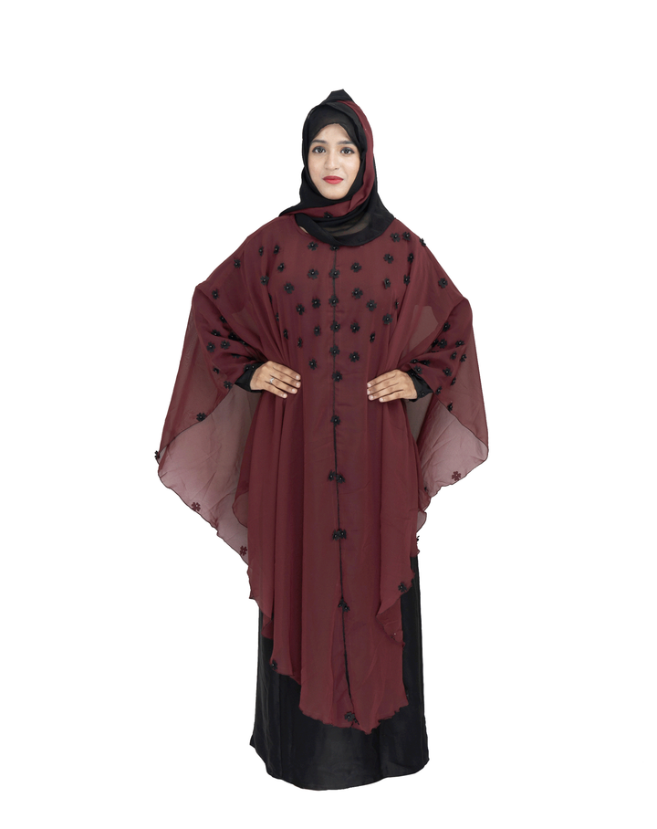 Products Beautiful Self Design Maroon Farasha Art Silk Abaya With Hijab