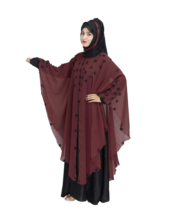 Products Beautiful Self Design Maroon Farasha Art Silk Abaya With Hijab