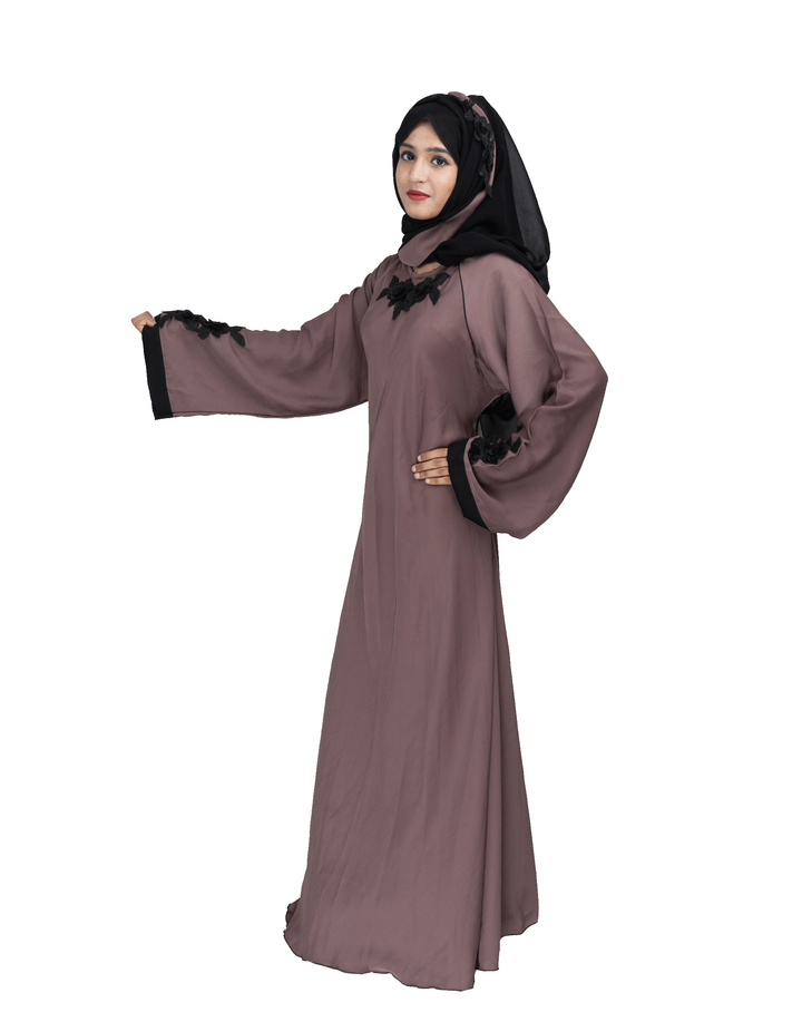 Products Beautiful Self Design Beige Patch Art Silk Abaya With Hijab