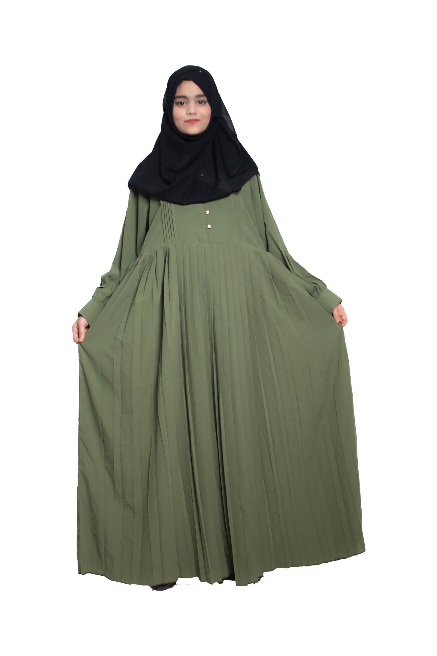 Modest City Self Design Parrot Green Button With Plate Abaya or Burqa With Hijab for Women & Girls-Series Laiba