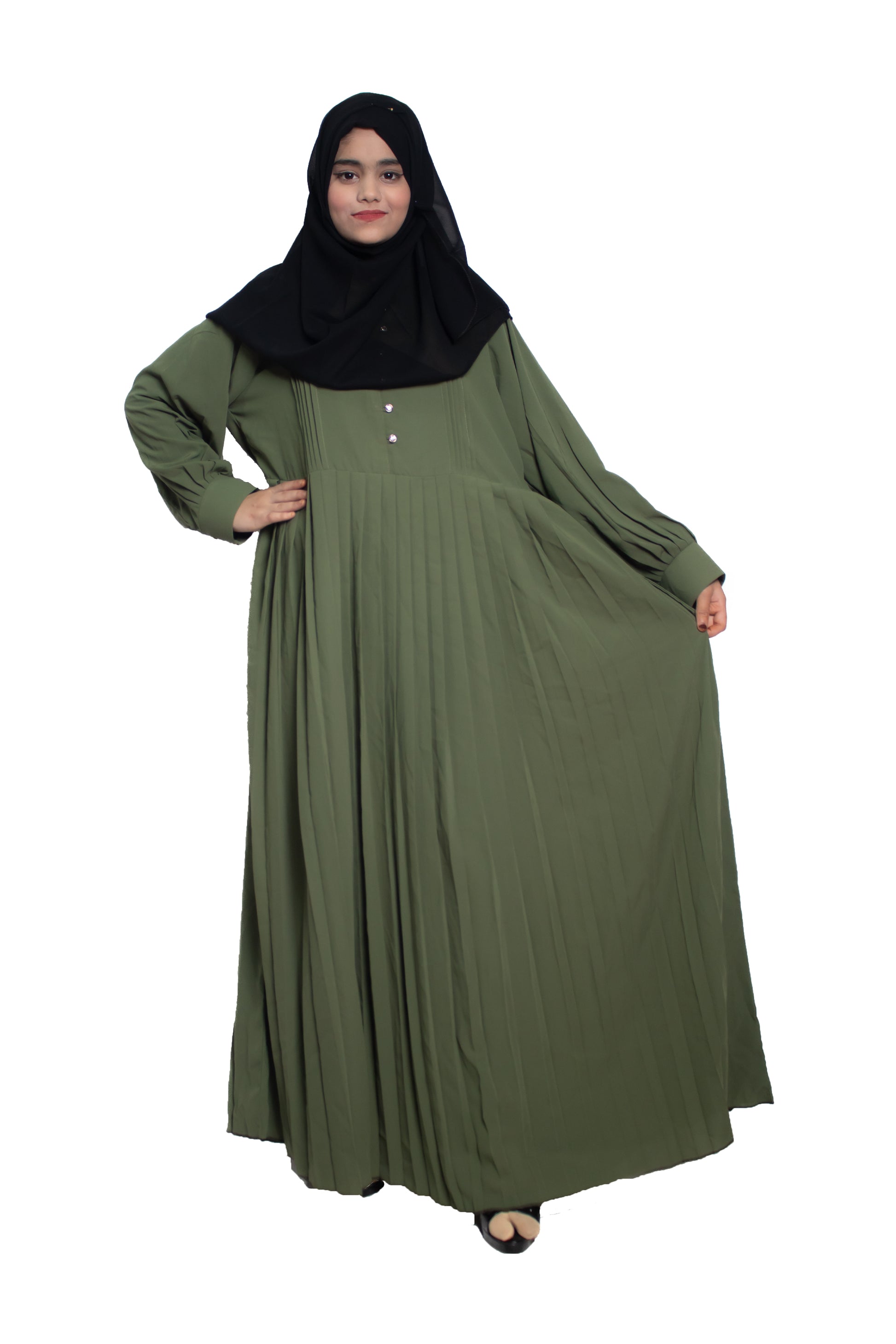 Modest City Self Design Parrot Green Button With Plate Abaya or Burqa With Hijab for Women & Girls-Series Laiba