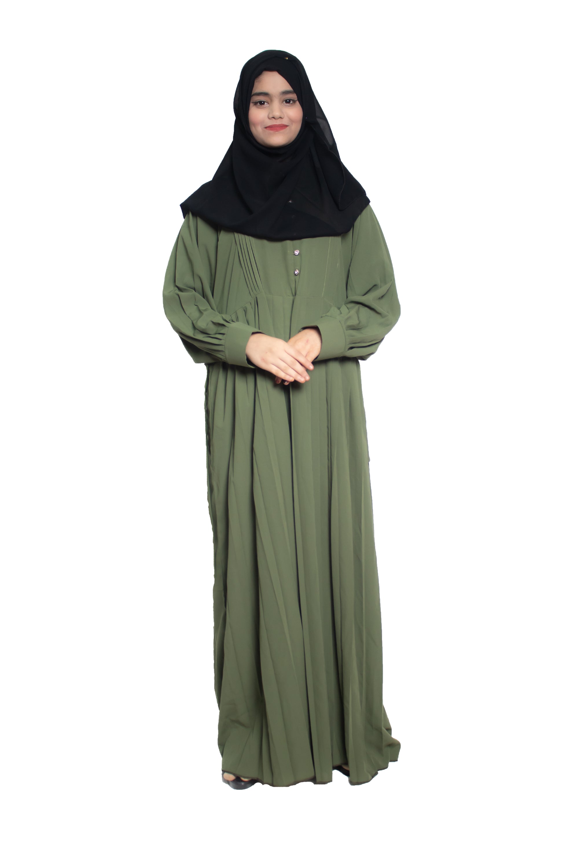 Modest City Self Design Parrot Green Button With Plate Abaya or Burqa With Hijab for Women & Girls-Series Laiba