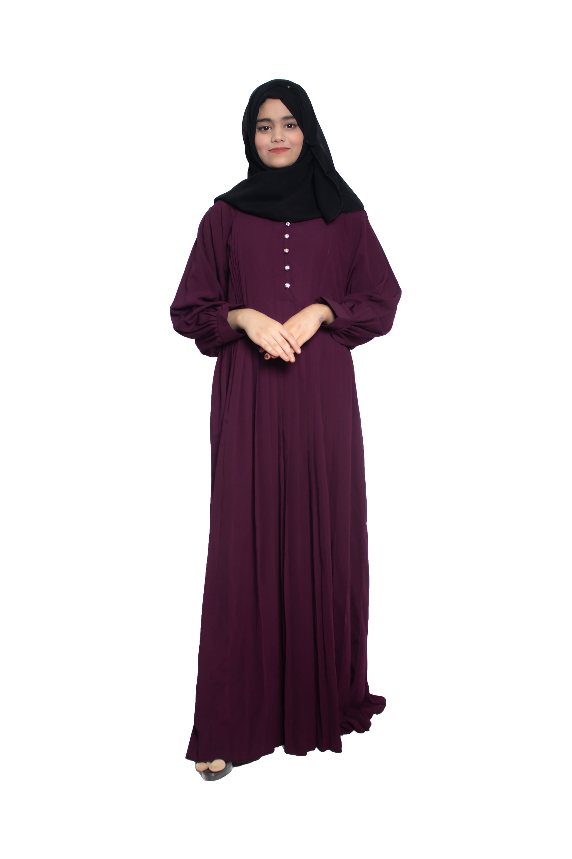 Modest City Self Design Purple Button With Plate Abaya or Burqa With Hijab for Women & Girls-Series Laiba