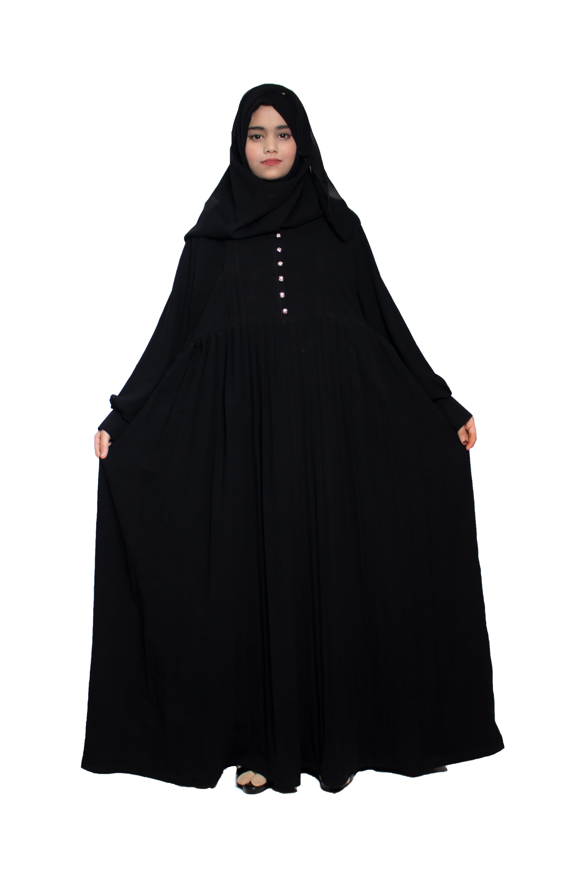 Modest City Self Design Black Button With Plate Abaya or Burqa With Hijab for Women & Girls-Series Laiba
