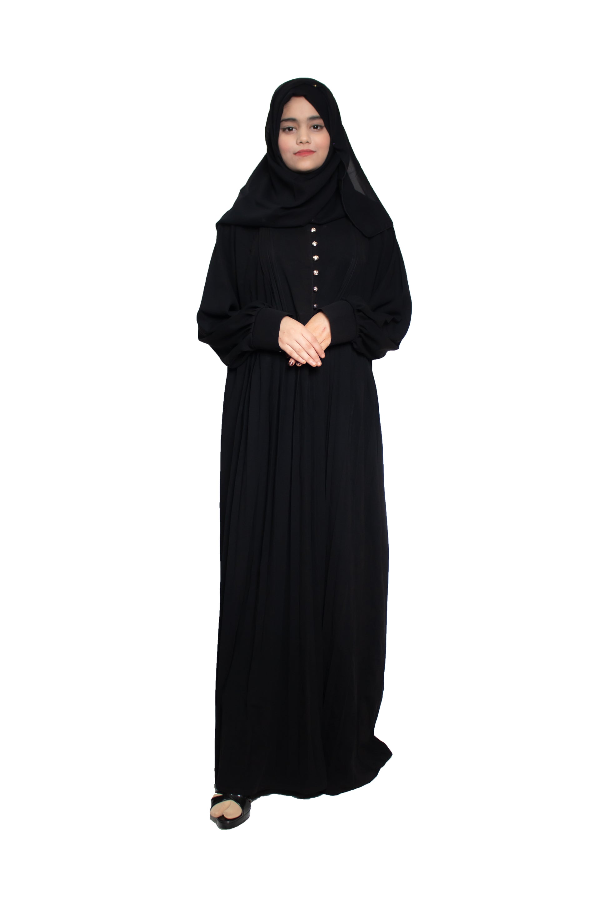 Modest City Self Design Black Button With Plate Abaya or Burqa With Hijab for Women & Girls-Series Laiba