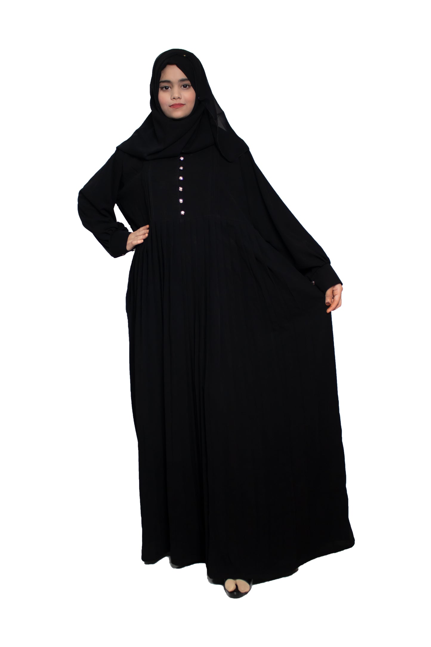 Modest City Self Design Black Button With Plate Abaya or Burqa With Hijab for Women & Girls-Series Laiba