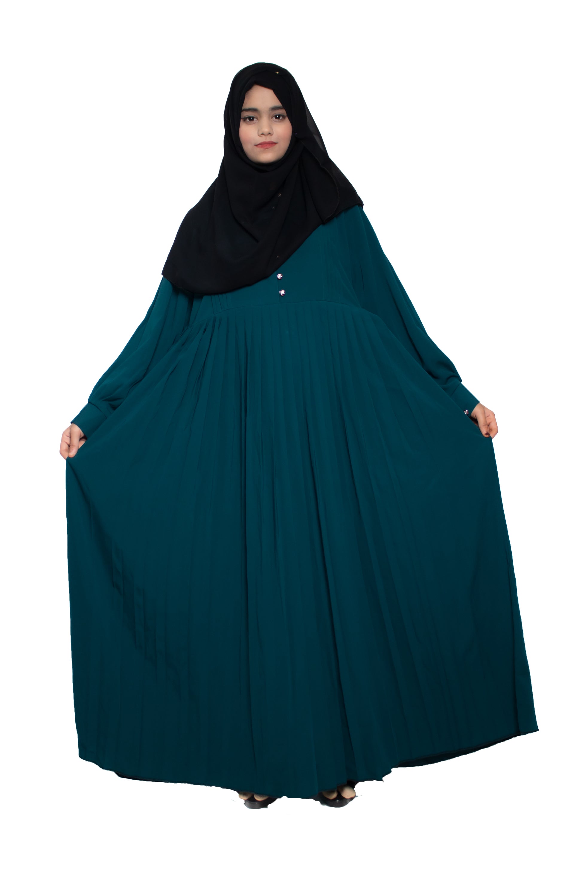 Modest City Self Design Rama Green Button With Plate Abaya or Burqa With Hijab for Women & Girls-Series Laiba