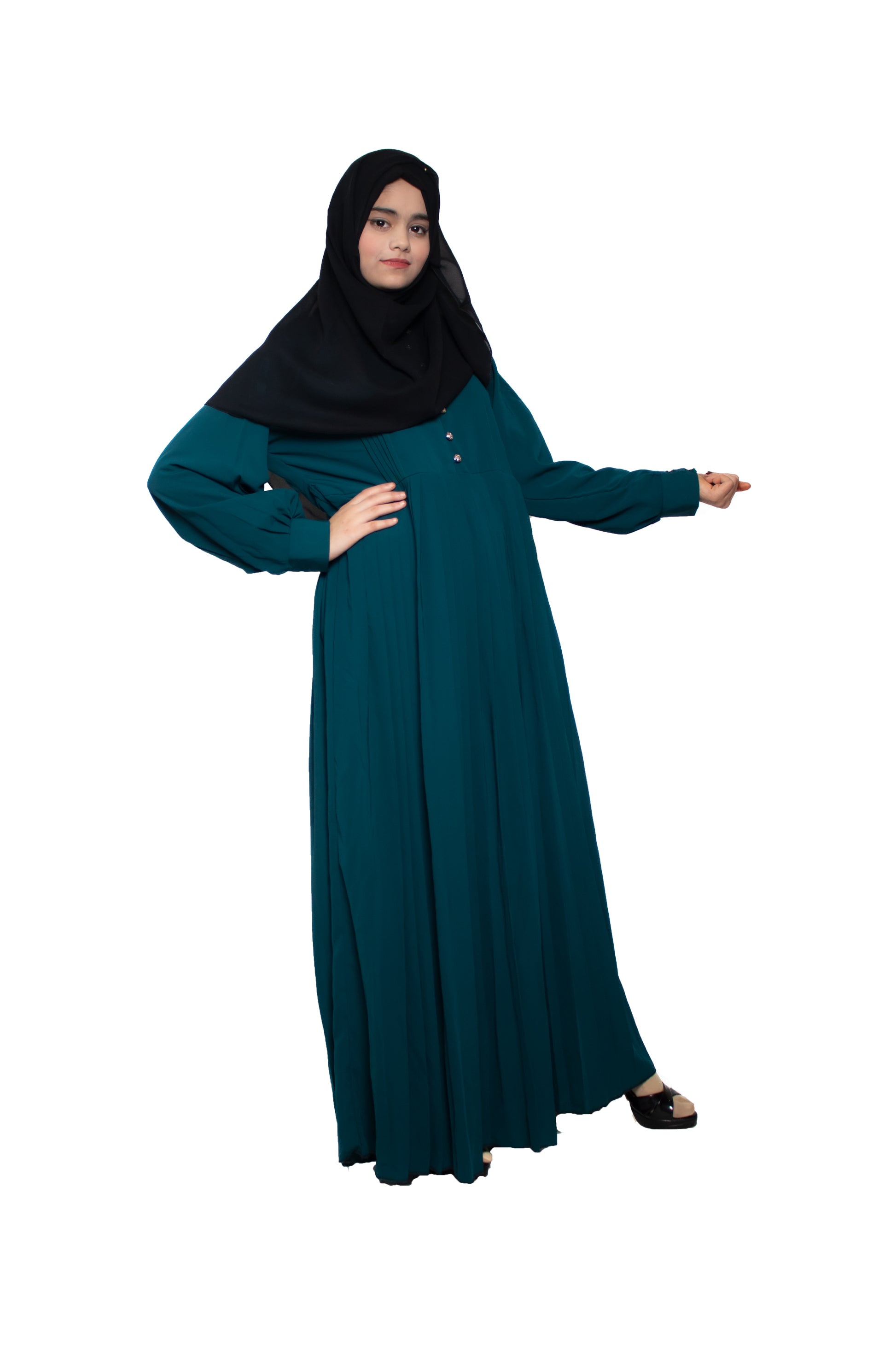 Modest City Self Design Rama Green Button With Plate Abaya or Burqa With Hijab for Women & Girls-Series Laiba