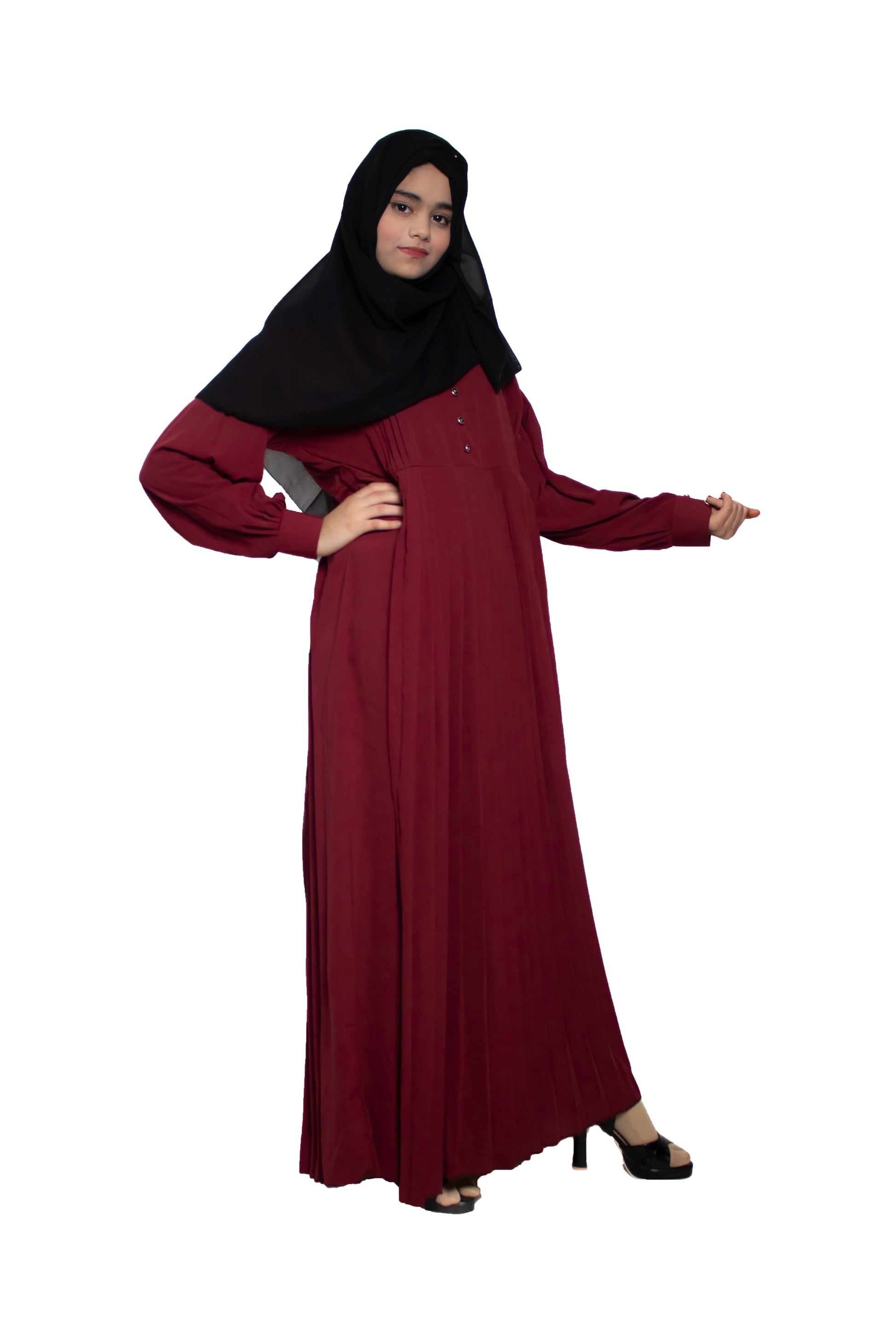Modest City Self Design Maroon Button With Plate Abaya or Burqa With Hijab for Women & Girls-Series Laiba