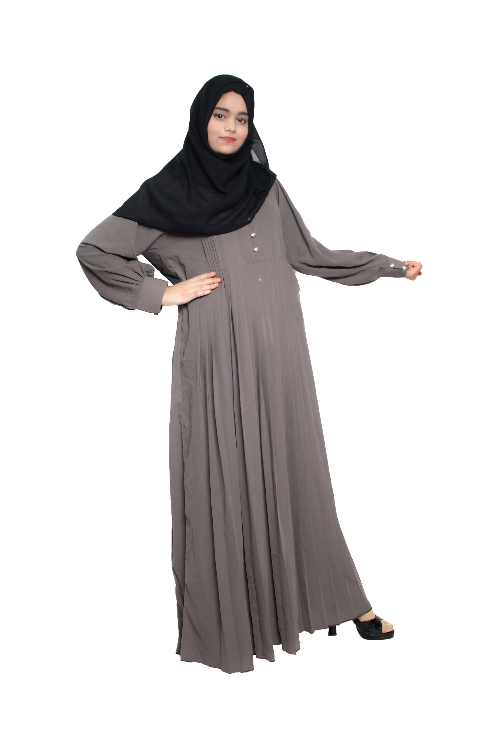 Modest City Self Design Grey Button With Plate Abaya or Burqa With Hijab for Women & Girls-Series Laiba