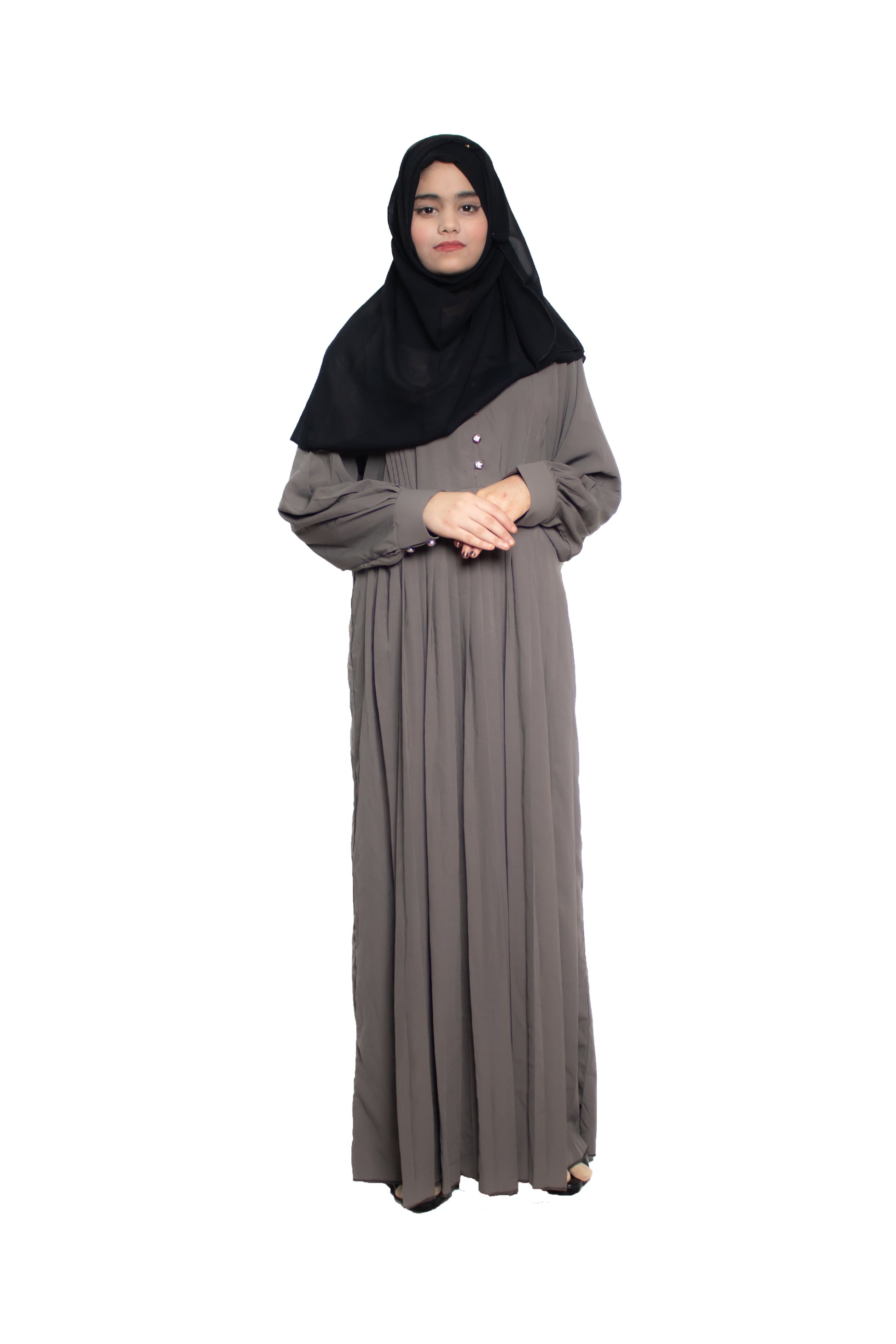 Modest City Self Design Grey Button With Plate Abaya or Burqa With Hijab for Women & Girls-Series Laiba